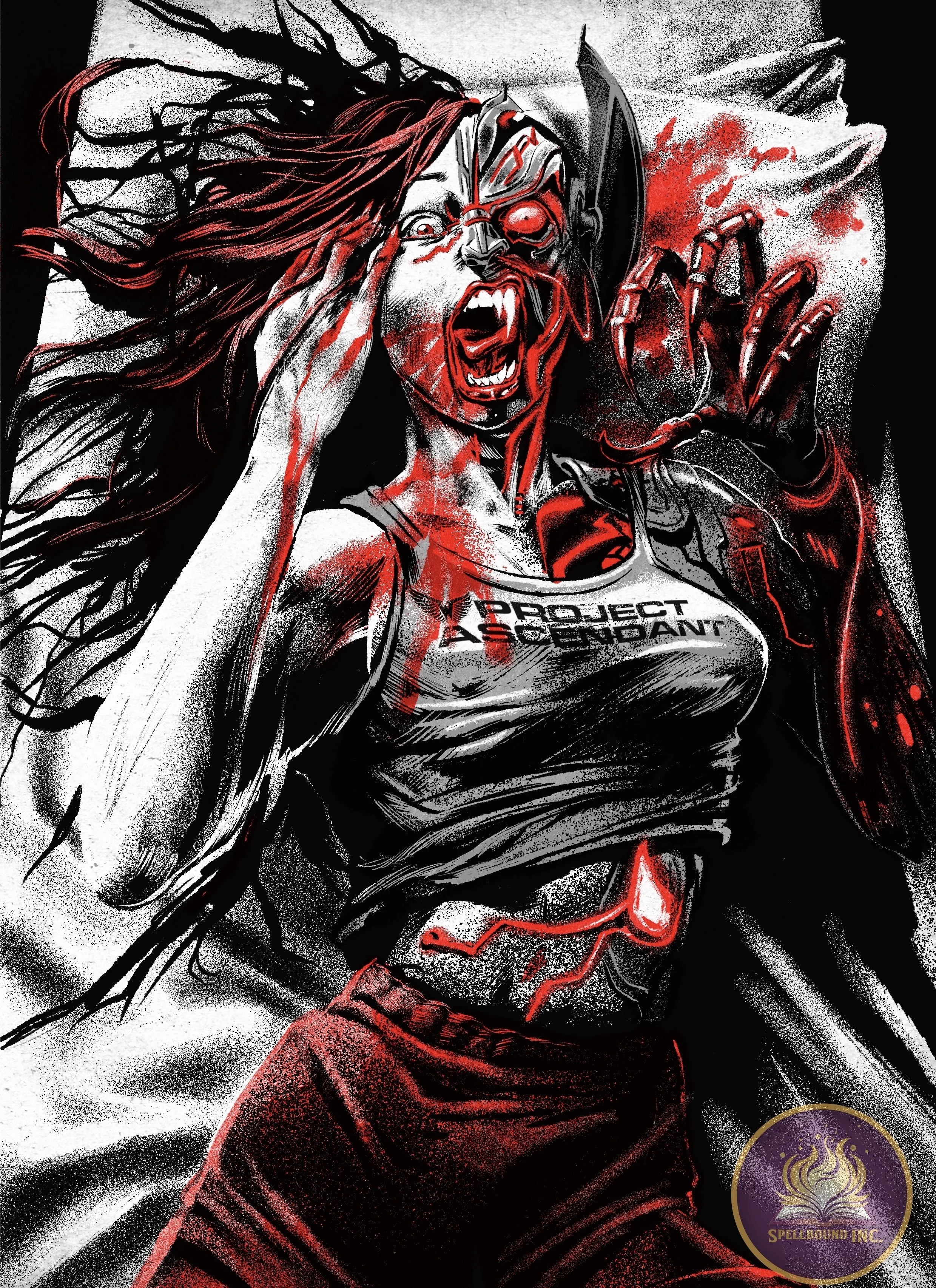 Digital artwork of a woman with long hair, wearing a tank top with the words 'Project Ascent' and a symbol on her chest. She appears to be transforming into a dark, monstrous figure with robotic and demonic features, showing a fierce, angry expressio