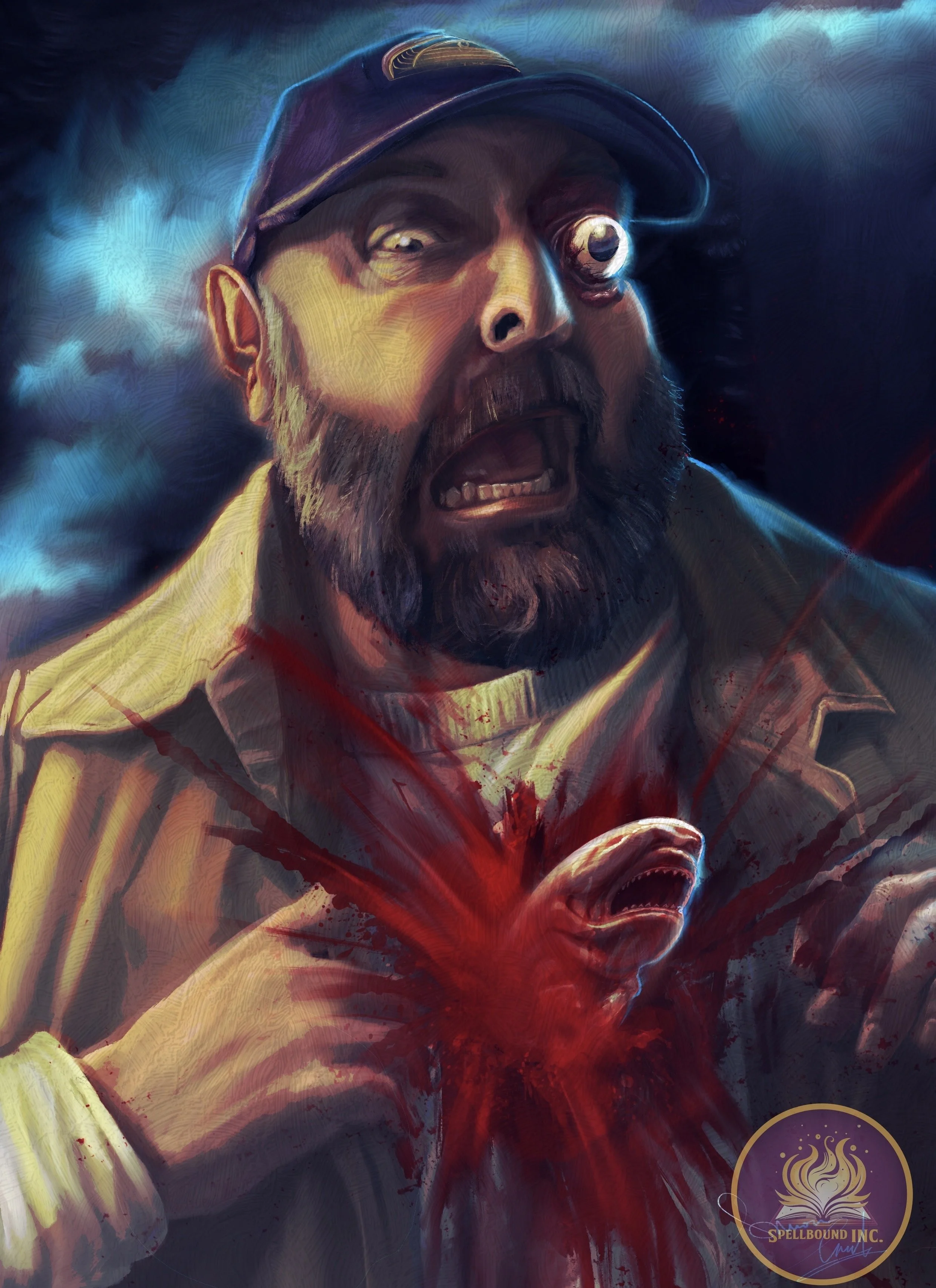 A digitally painted portrait of a bearded man in a jacket and cap, with a gory wound on his chest showing an open mouth and blood. His facial expression is one of shock or horror, with one eye wide open.
