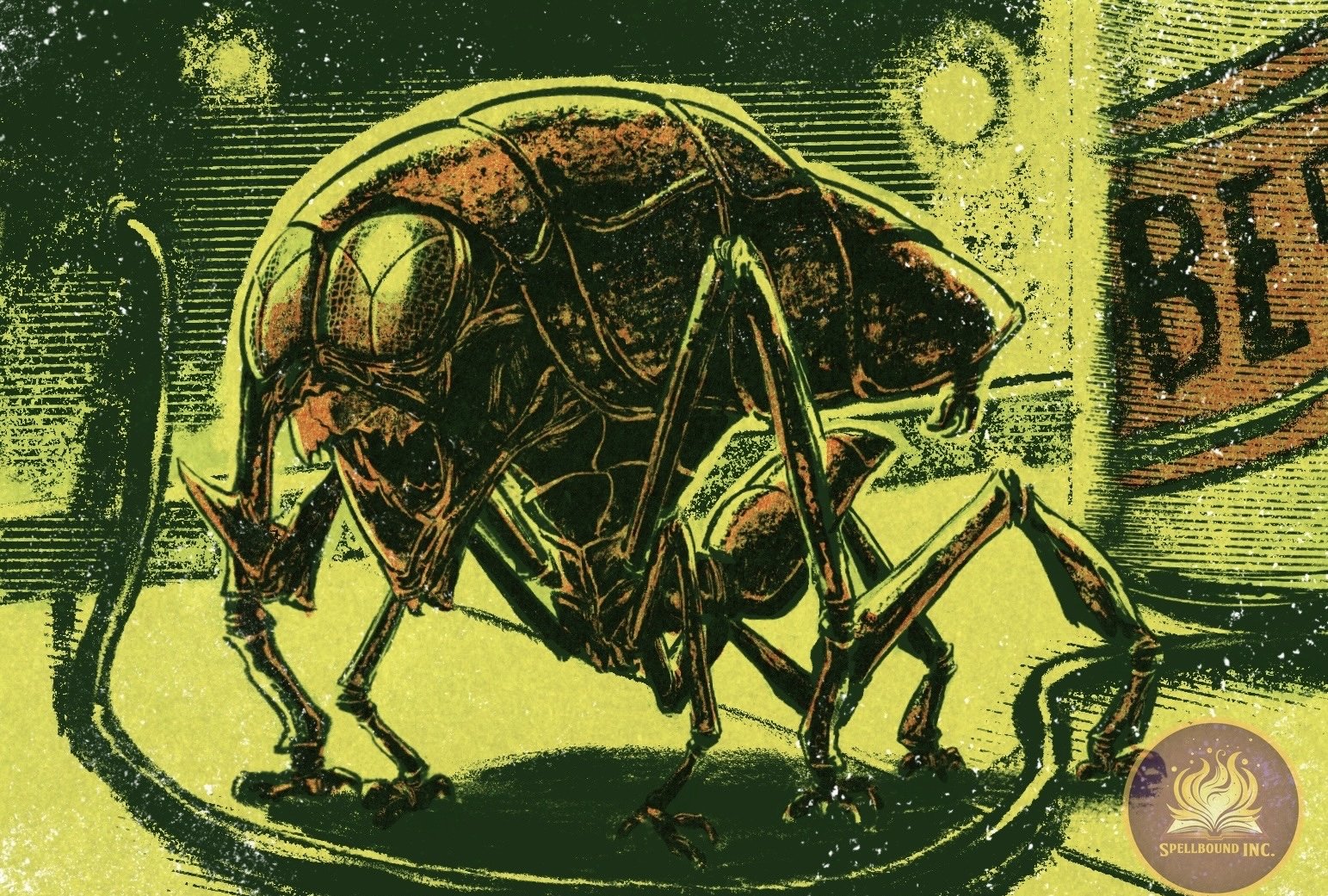 A close-up of a fly illustration with detailed wings and eyes, set against a yellow background. There is a partial view of a sign and a logo reading 'SPELLBOUND INC.' in the bottom right corner.