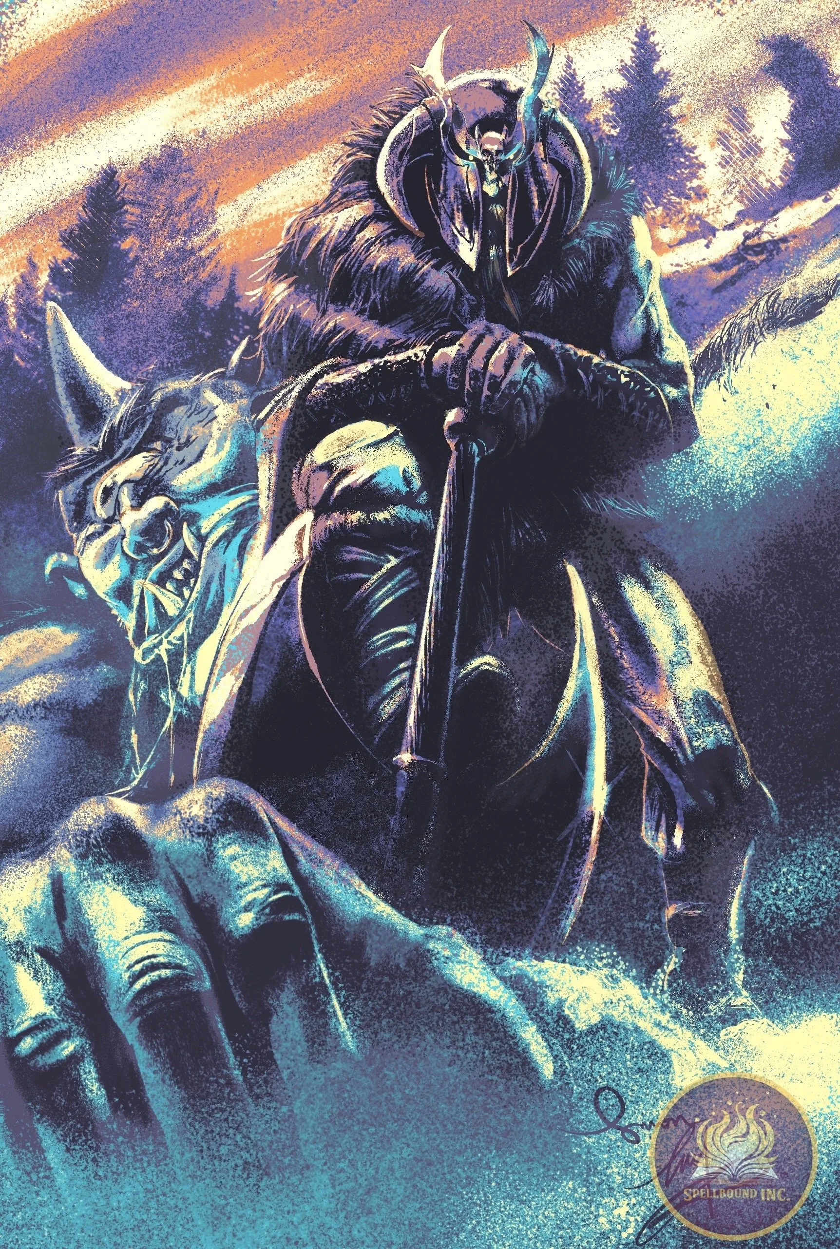 A fantasy artwork depicting a cloaked, horned figure with a skull-like mask kneeling on a mountain of defeated, monstrous humanoid creatures, set against a misty forest background with a colorful sky.