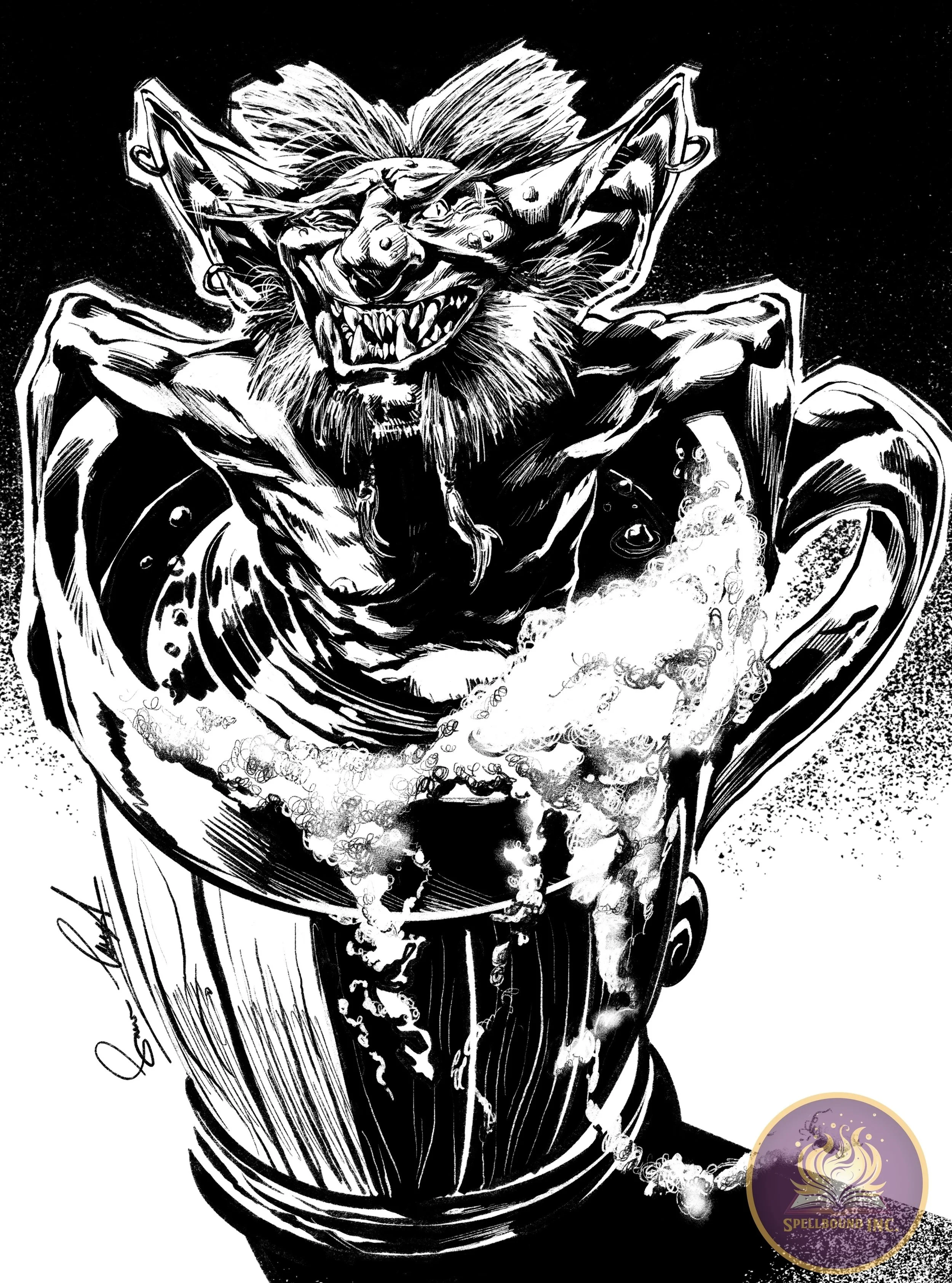 Black and white illustration of a goblin with sharp teeth, pointed ears, and wild hair, emerging from a steaming cup.