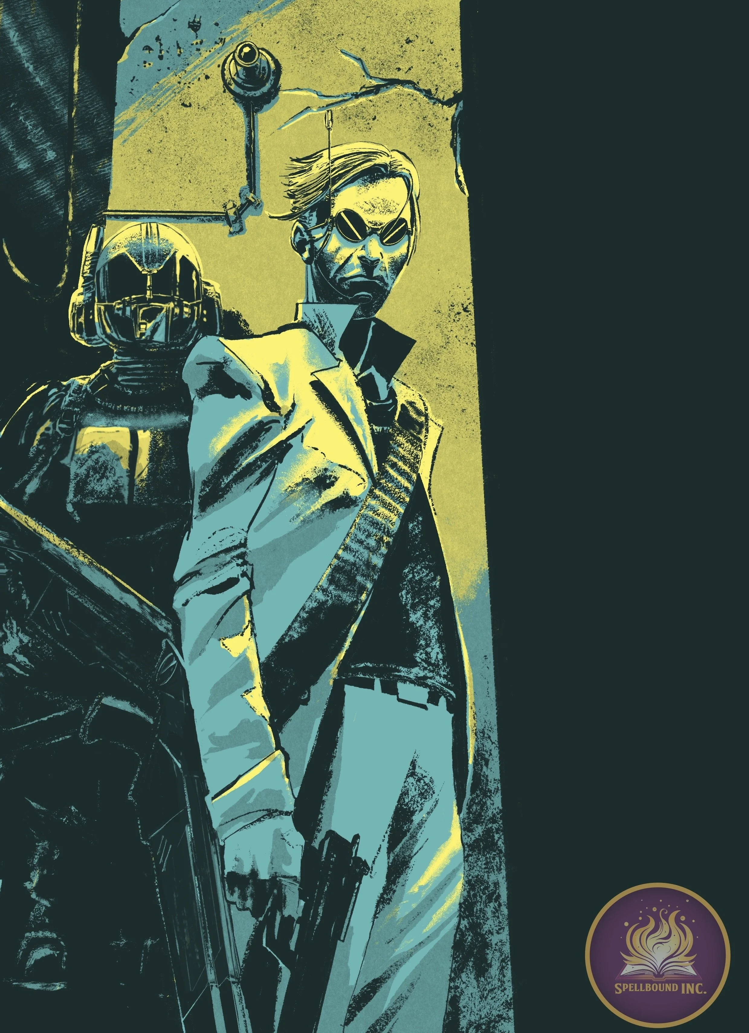 A digital illustration of a man in sunglasses with a serious expression, wearing a trench coat and holding a weapon, with a robotic figure behind him. The background is dark with a cracked wall, and there is a logo for 'SPELLBOUND INC.' in the bottom