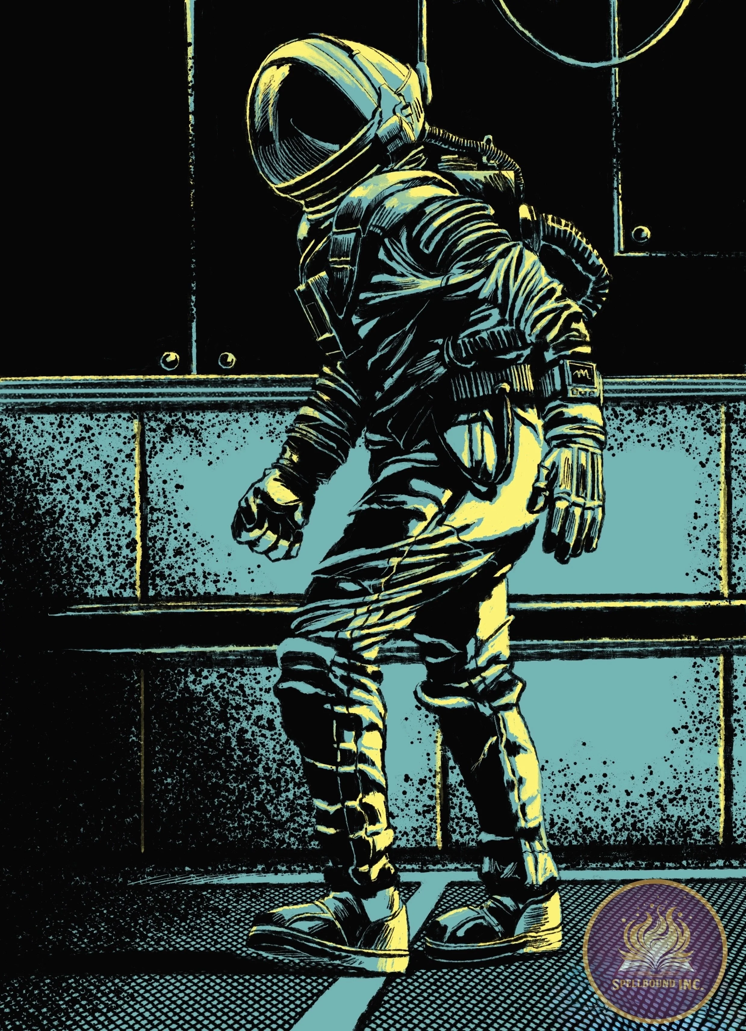 Comic-style illustration of an astronaut standing with head bowed against a textured blue background. Logo with a flame and text 'Spellbound Inc.' is in the bottom right corner.