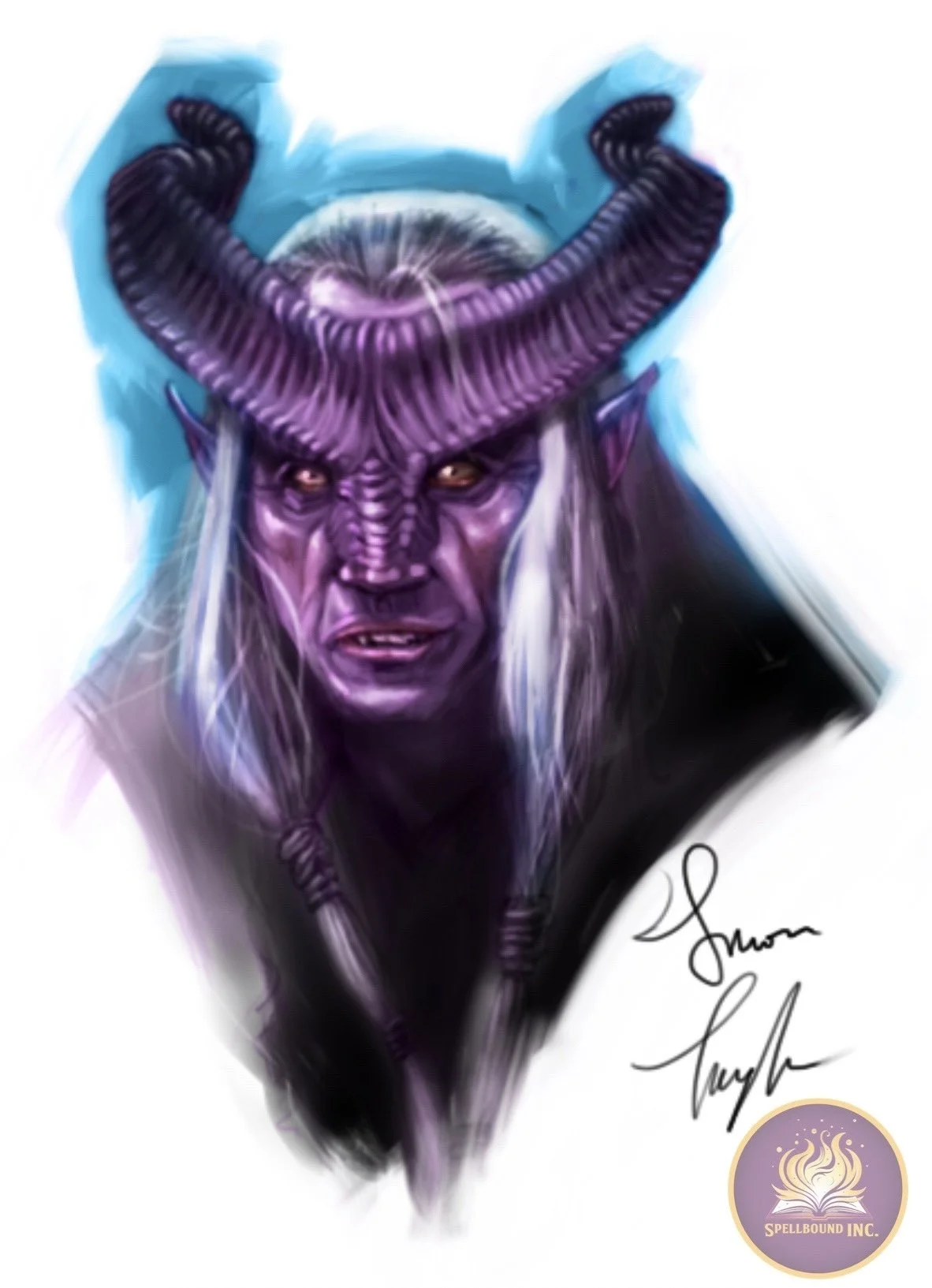 Illustration of a purple-skinned, demonic creature with large, curved horns, pointed ears, and glowing eyes, with long white hair. Signed at the bottom right corner.
