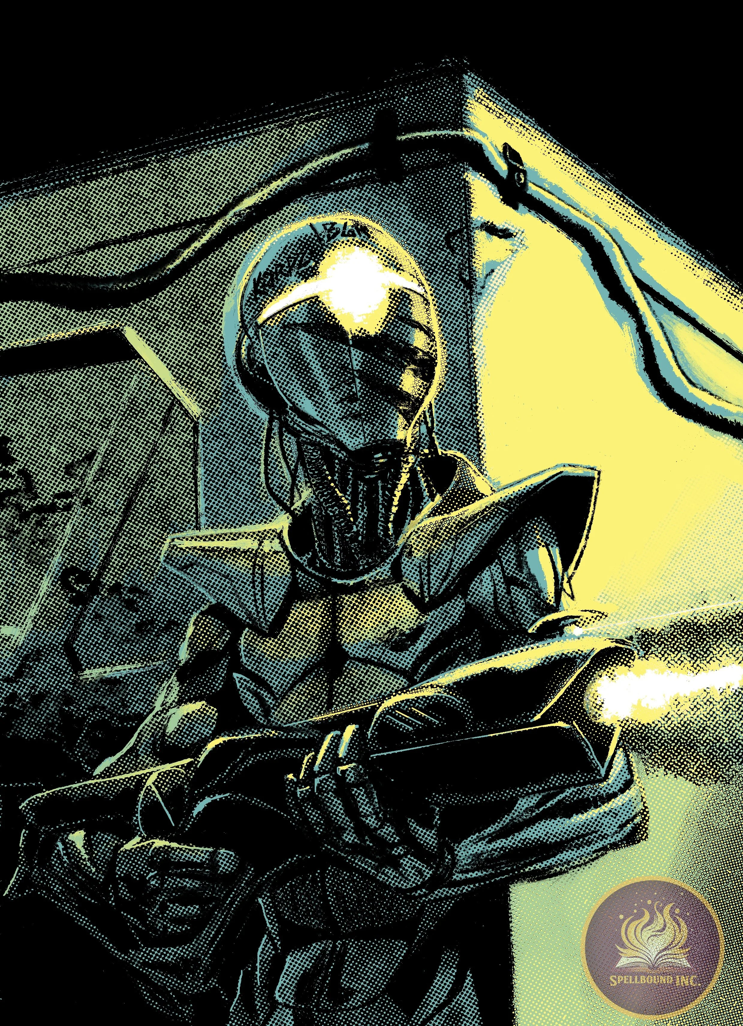 Comic-style illustration of a humanoid robot with a metallic face and glowing eyes, holding a book in one hand, with a background of dripping wires and a wall, featuring the Spellbound Inc. logo.