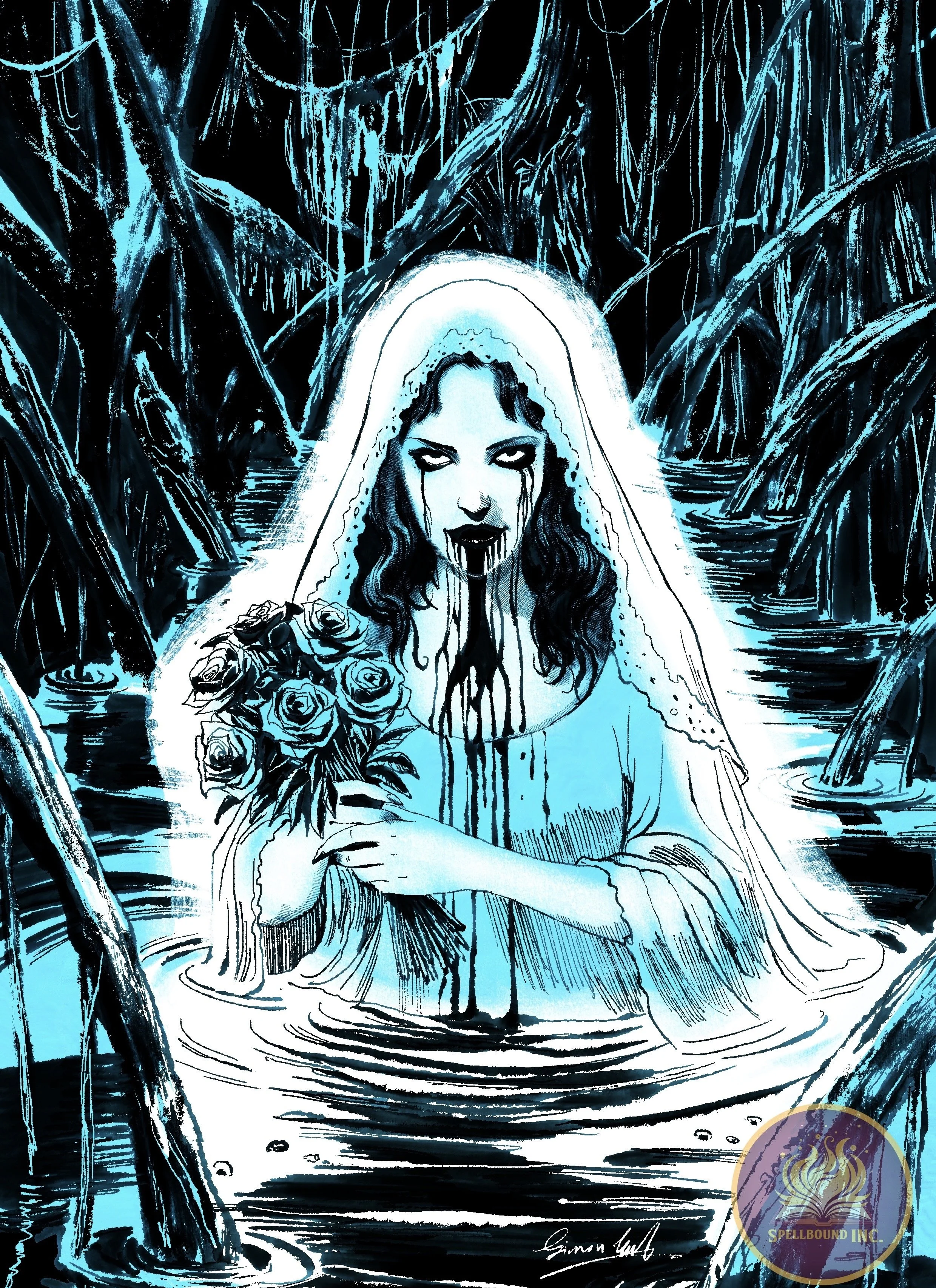 A dark, stylized illustration of a woman with glowing blue skin, long dark hair, and black tears, holding a bouquet of roses. She is in a swamp at night, wearing a white veil and dress, with black stained lips, and a mysterious, eerie atmosphere.