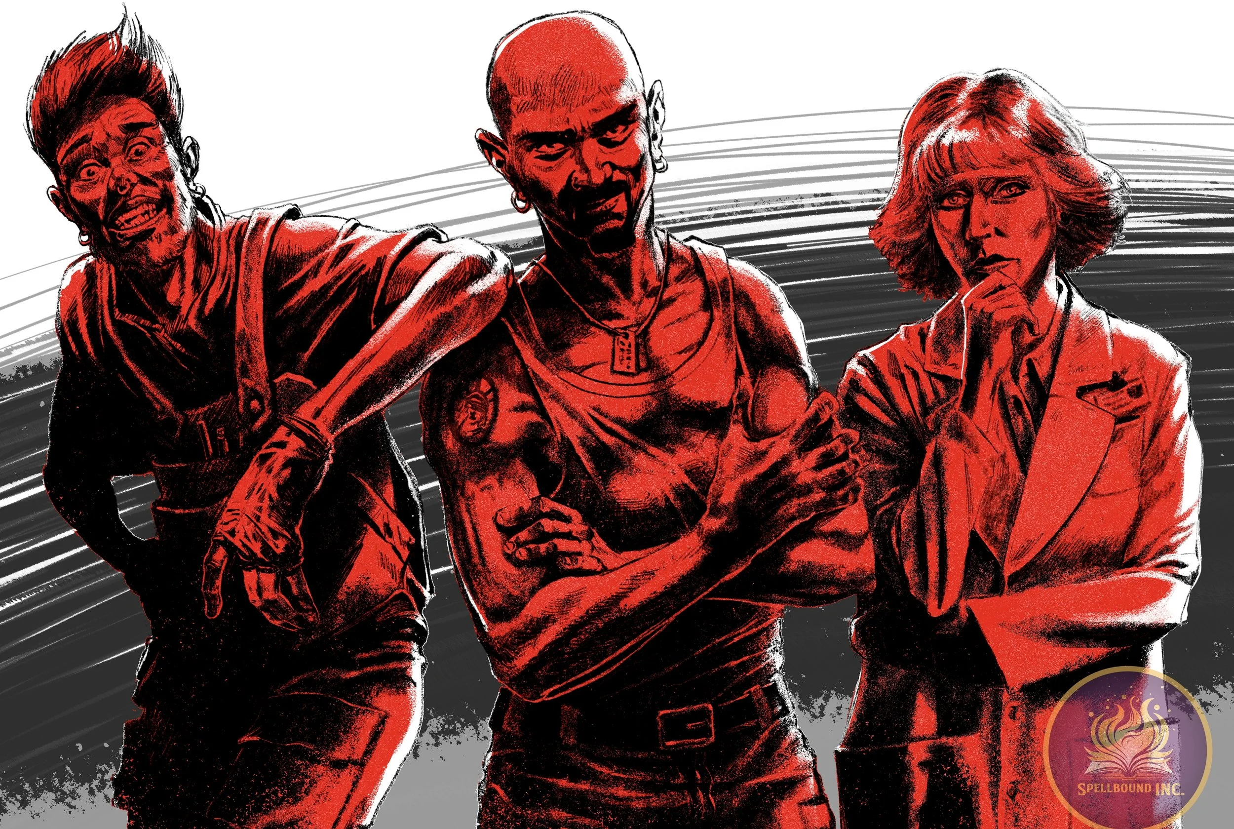 Three characters with punk and punk-inspired style, illustrated in black and white with red accents. The character on the left has spiky hair and earrings, wearing a jacket; the middle character is bald with tattoos and a serious expression; the righ