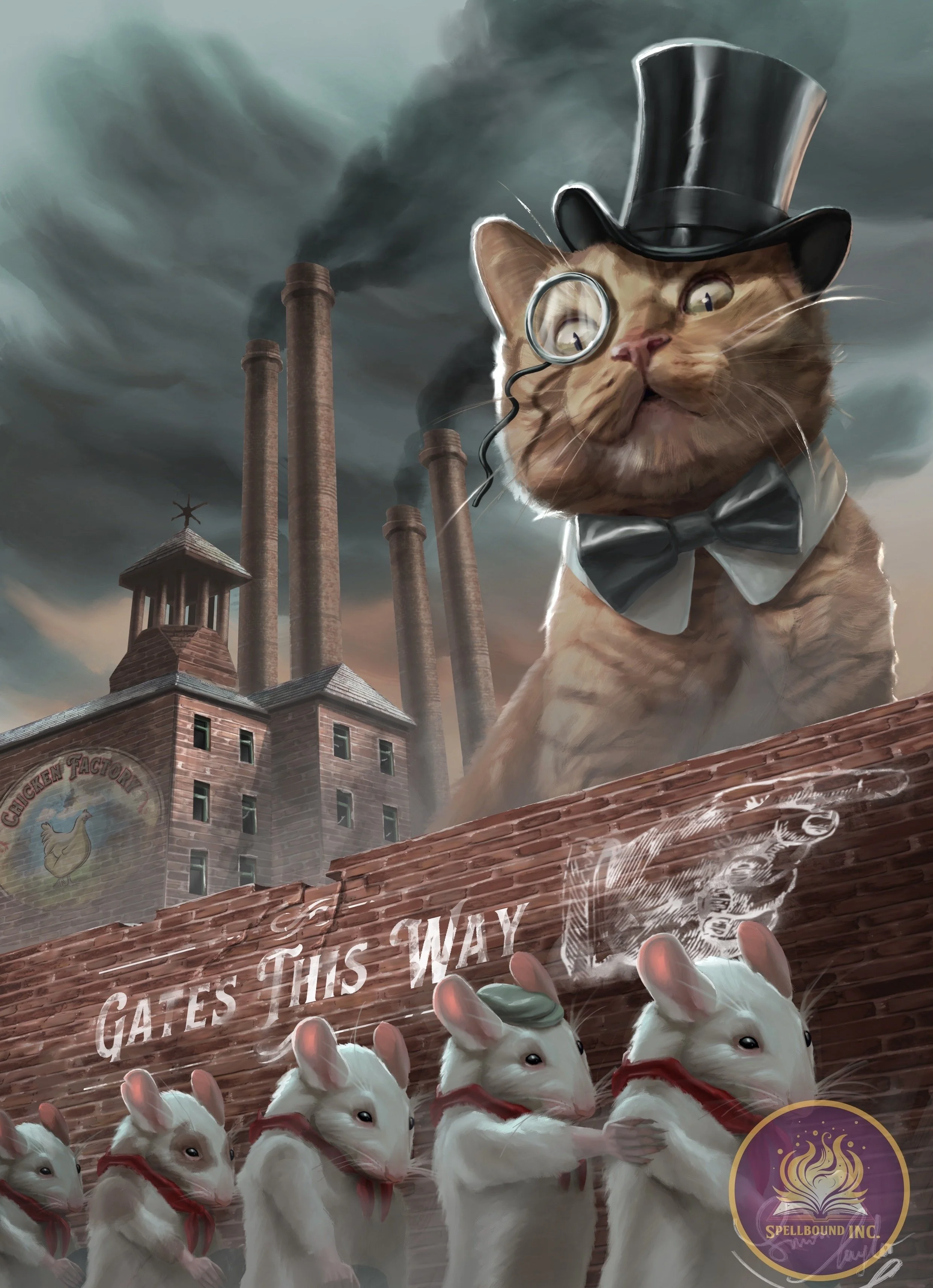 A large, anthropomorphic cat dressed as a factory owner with a top hat, monocle, bow tie, and mustache, standing in front of a factory with smoke stacks, and a group of mice wearing red scarves walking towards a sign that says "Gates this way."