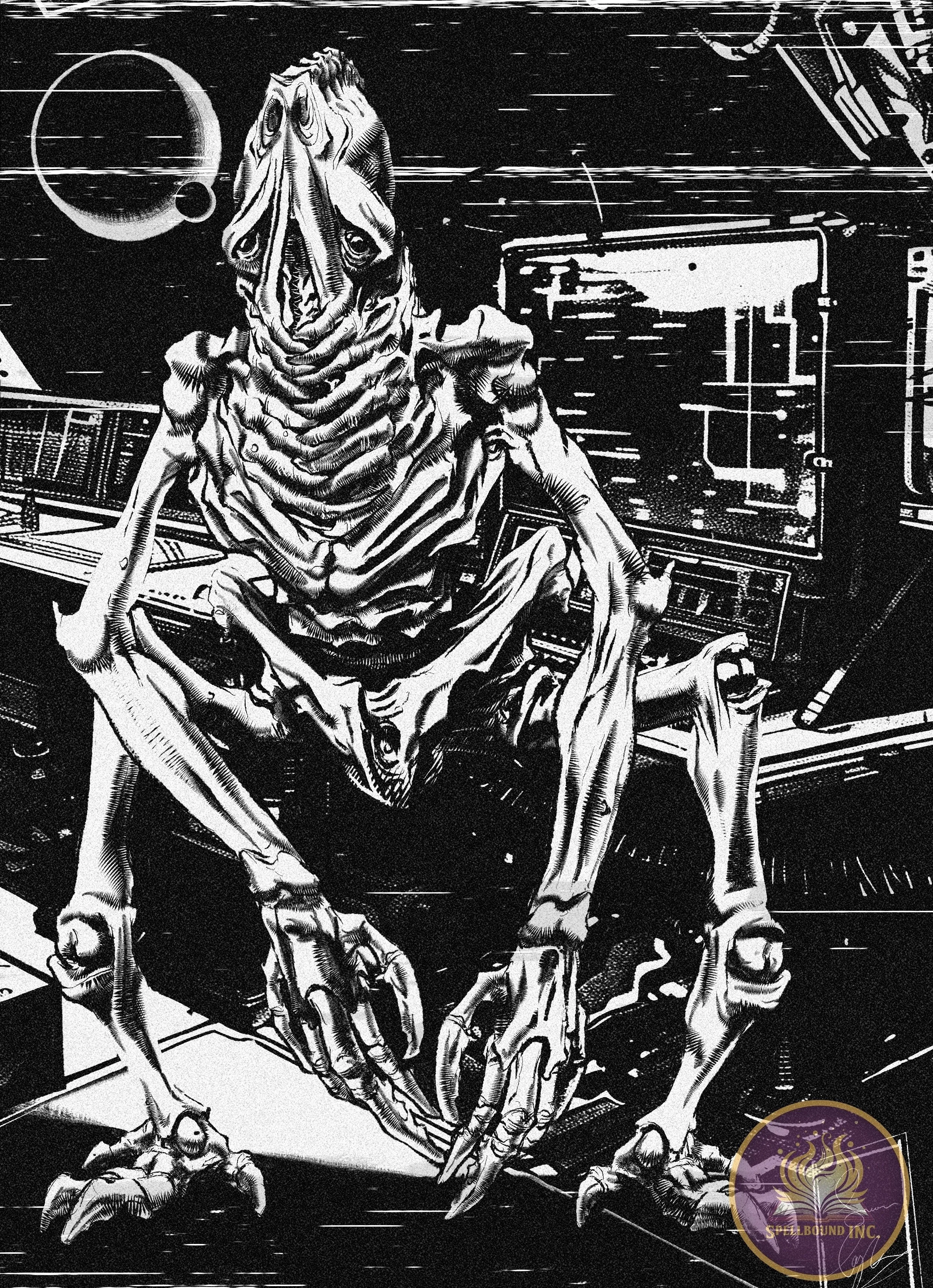 Black and white illustration of a humanoid creature with a skeletal face and elongated limbs, sitting in front of computer screens in a spaceship or space station setting.
