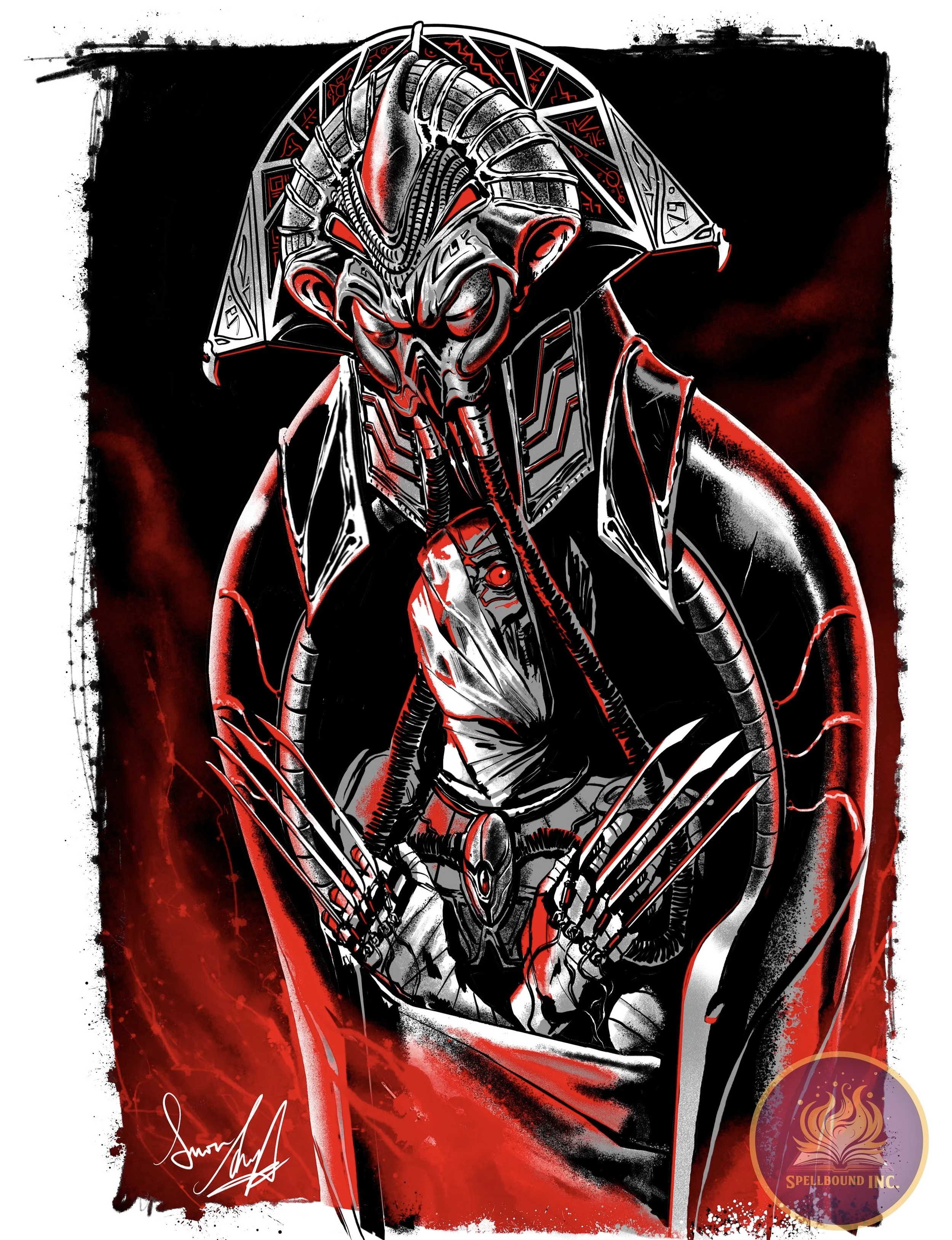 A digital illustration of a dark sci-fi creature that resembles an alien mummified undead humanoid in a biomechanical sarcophagus.