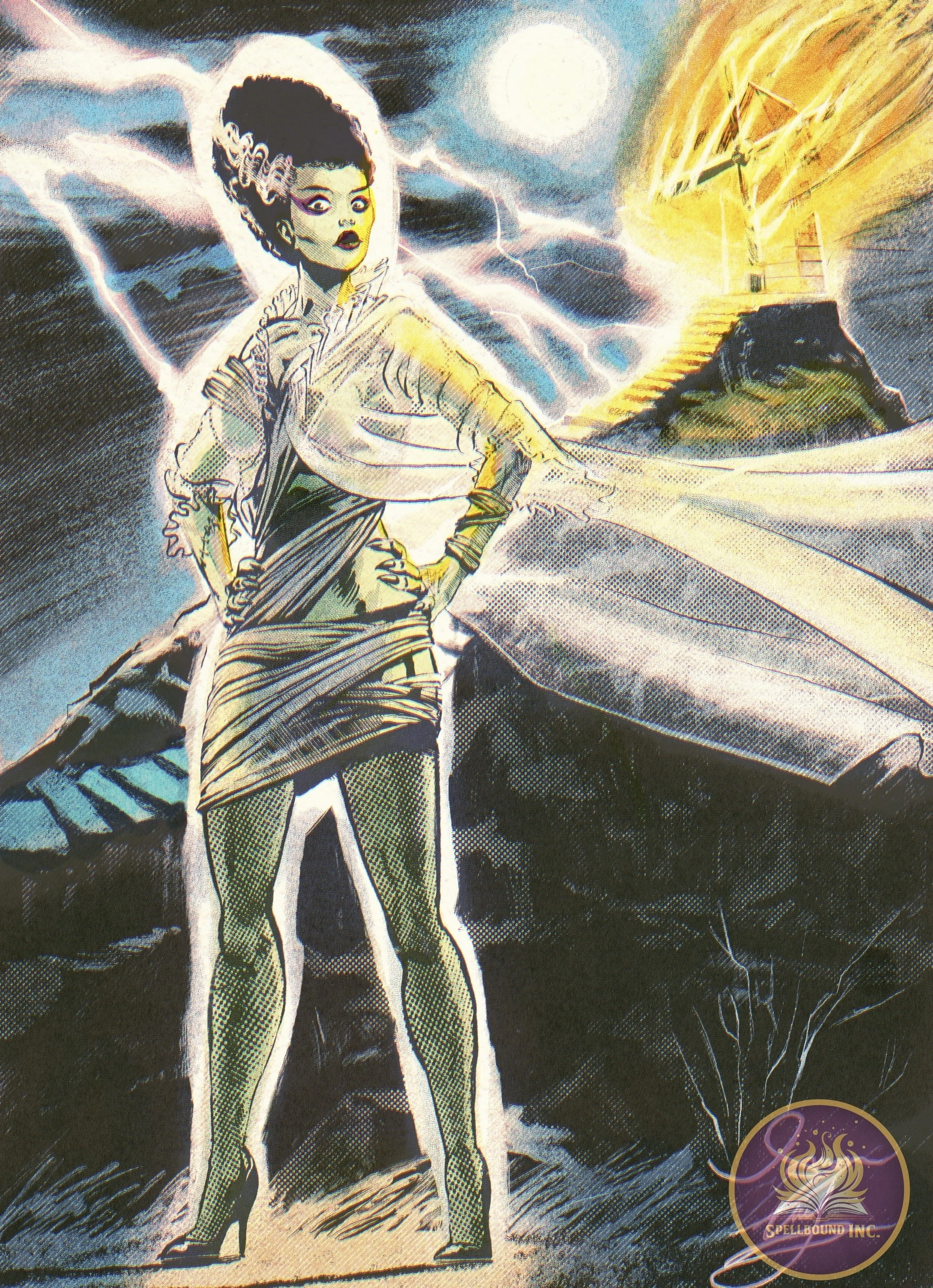 A comic-style illustration of a confident woman with curly hair standing in front of a stormy sky, lightning, and a bright moon. She is wearing a draped, form-fitting outfit and high heels, with her hands on her hips. In the background, there is a ro