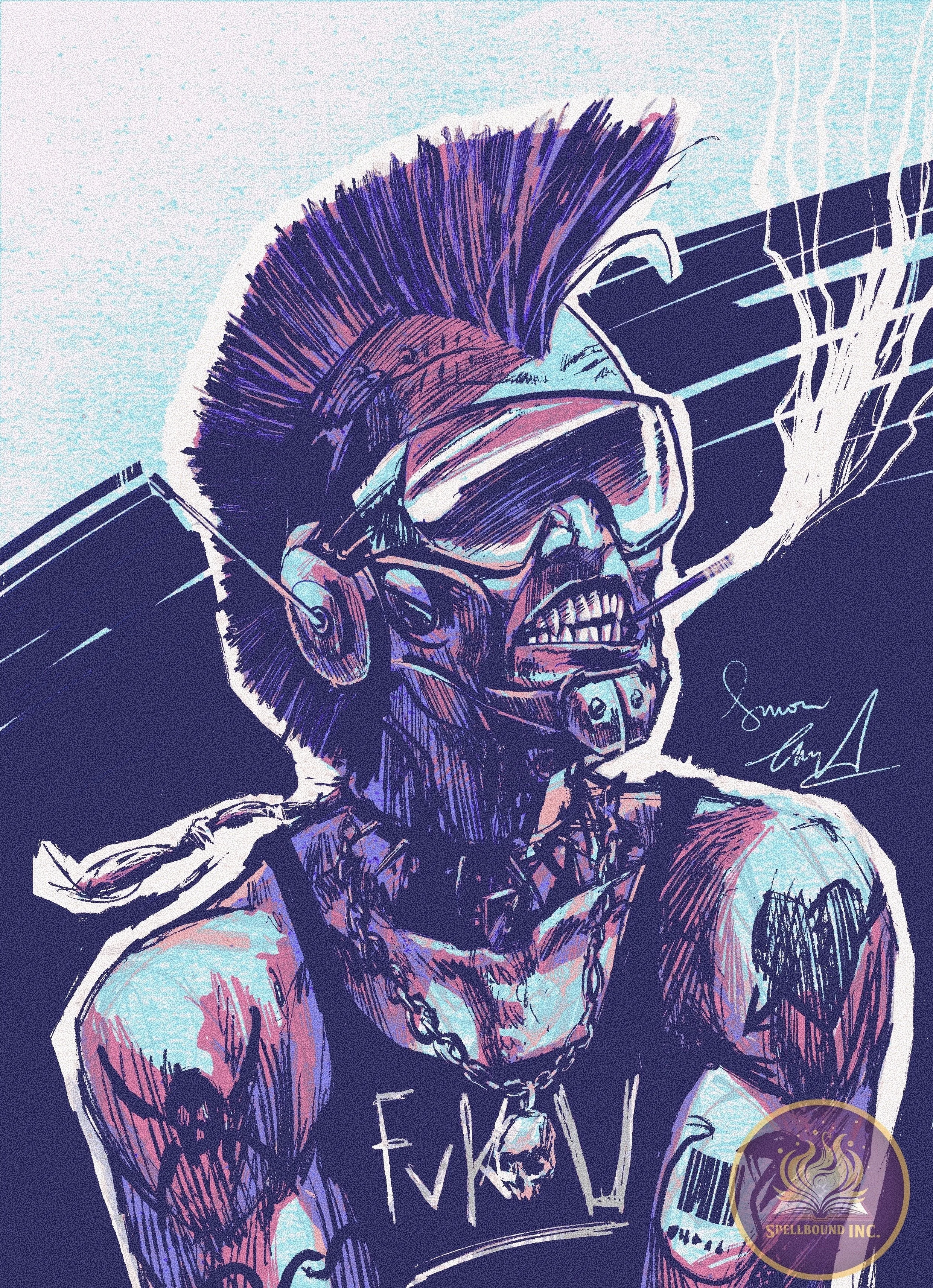 Digital artwork of a punk-style person with spiked hair, wearing goggles, headphones, a chain necklace, and a tank top with graffiti, depicted in neon colors with a futuristic, cyberpunk aesthetic.