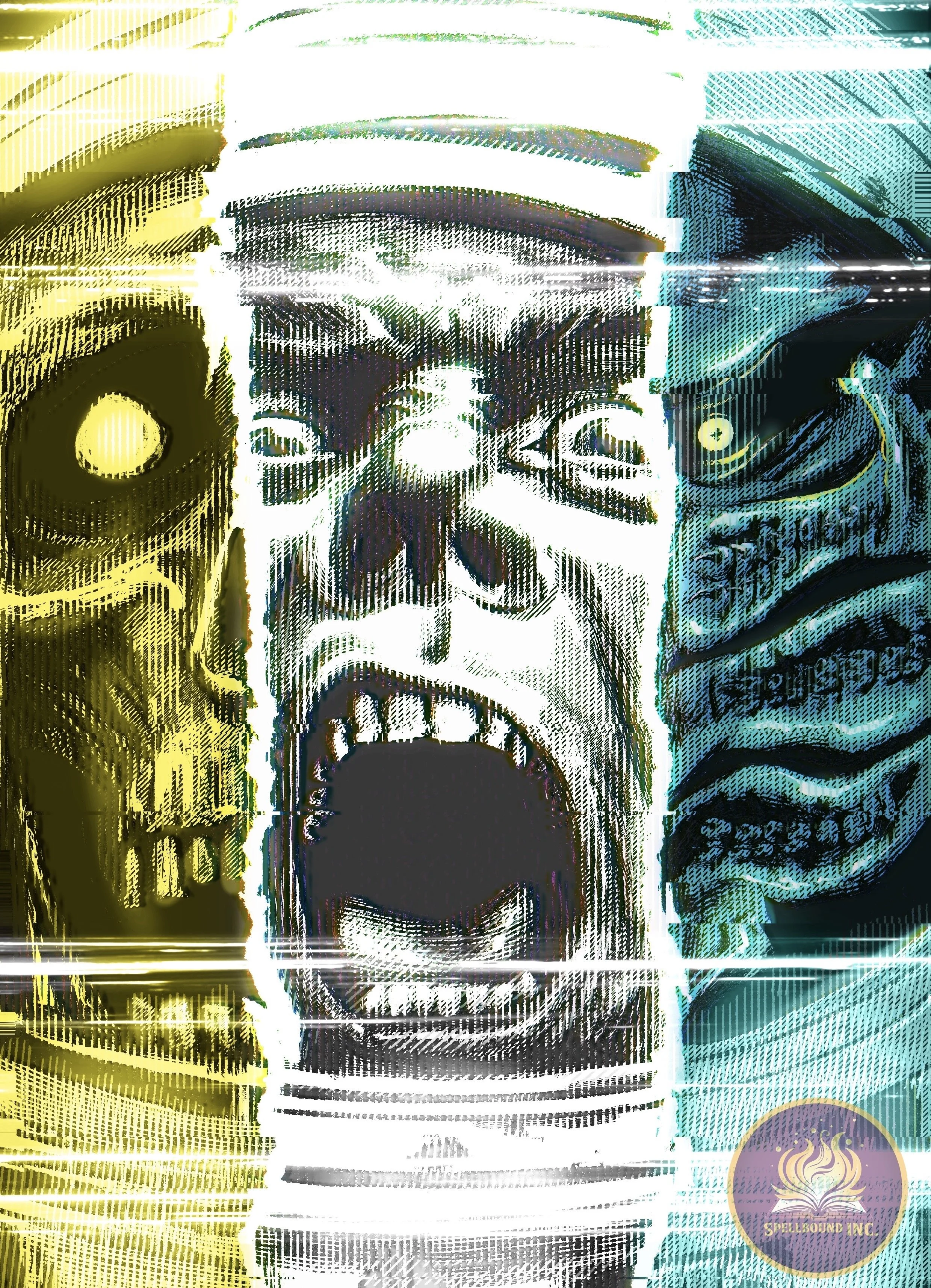 A digital artwork featuring a central screaming face with three smaller faces around it, each in different colors: yellow on the left, white in the middle, and teal on the right. The artwork has a glitchy, abstract style with textured lines and vibra