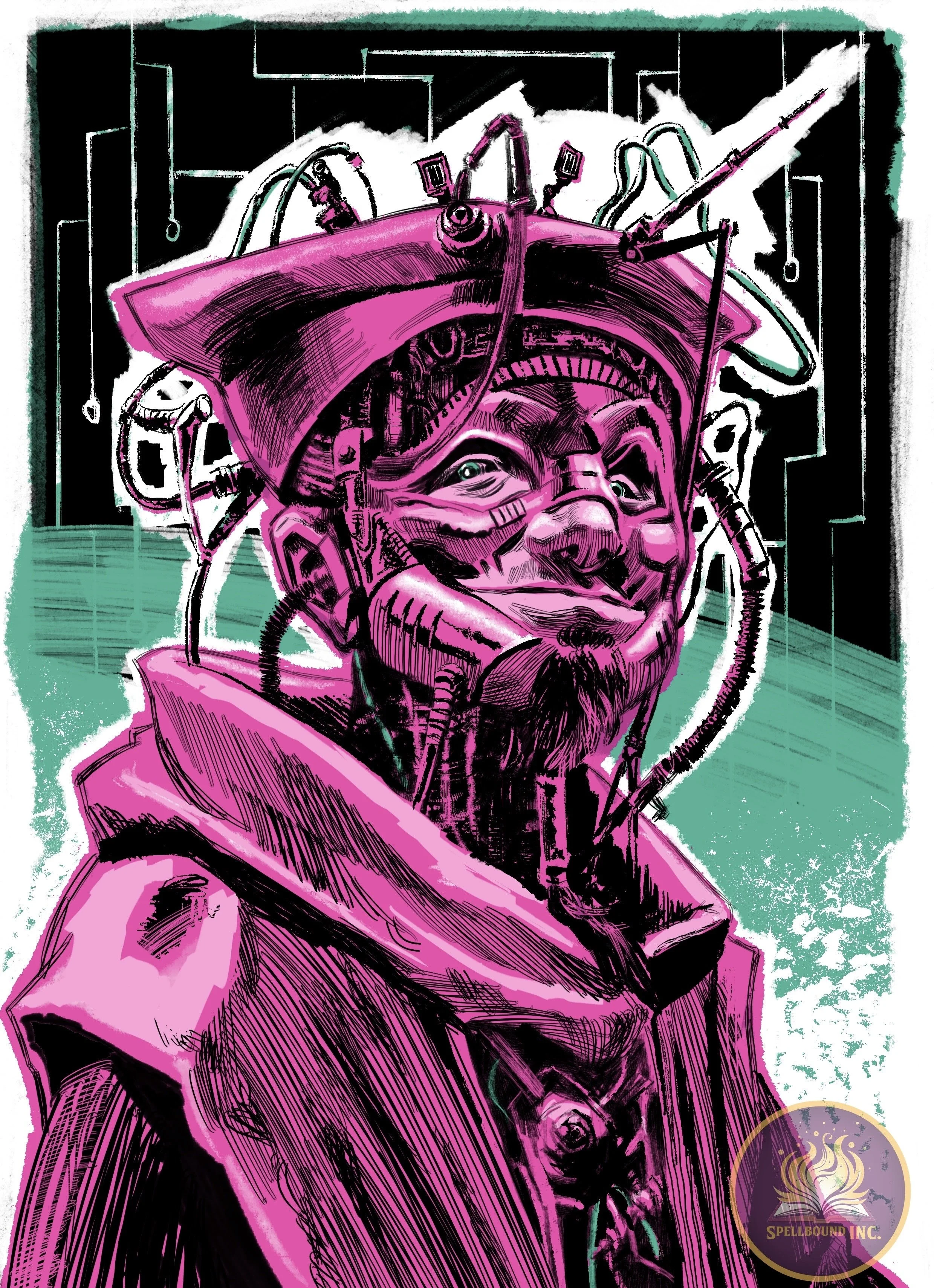 A digital illustration of a man with a beard and short hair, wearing a futuristic helmet with wires and devices, and a pink coat, set against a stylized background with digital/technological elements.