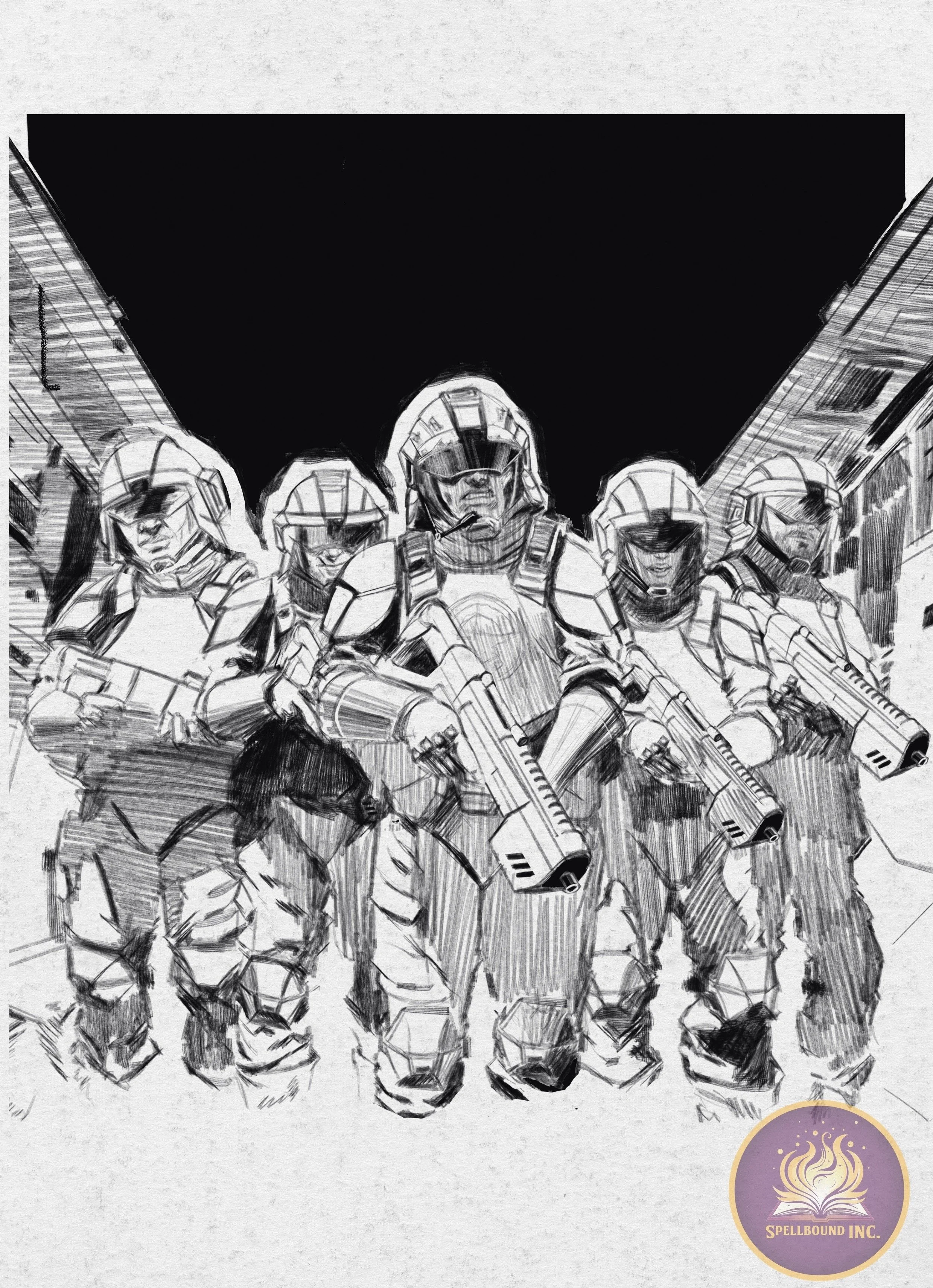 Sketch of a group of five soldiers in futuristic armor, armed with guns, walking together with a dark sky in the background. The logo at the bottom right corner reads "SPELLBOUND INC." with an illustration of a flame.
