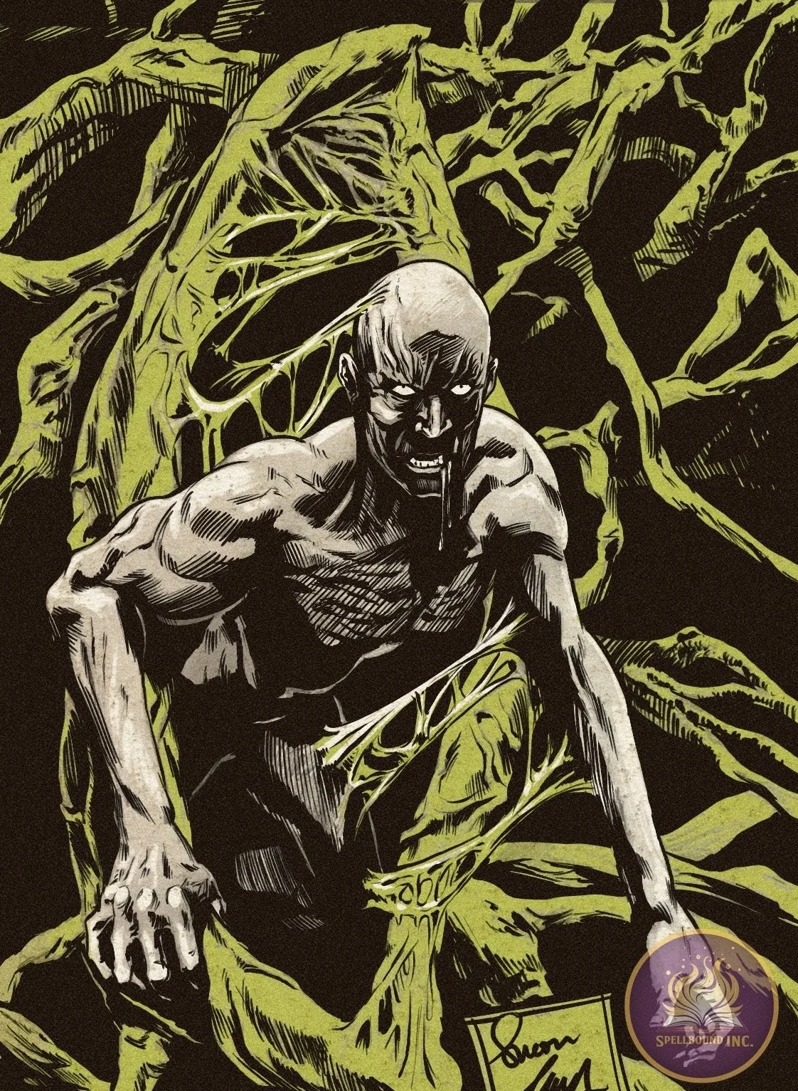 A black and white illustration of a menacing, muscular zombie with an angry expression, drooling, emerging from a dark, chaotic background of torn fabric or webbing in greenish-yellow hues.