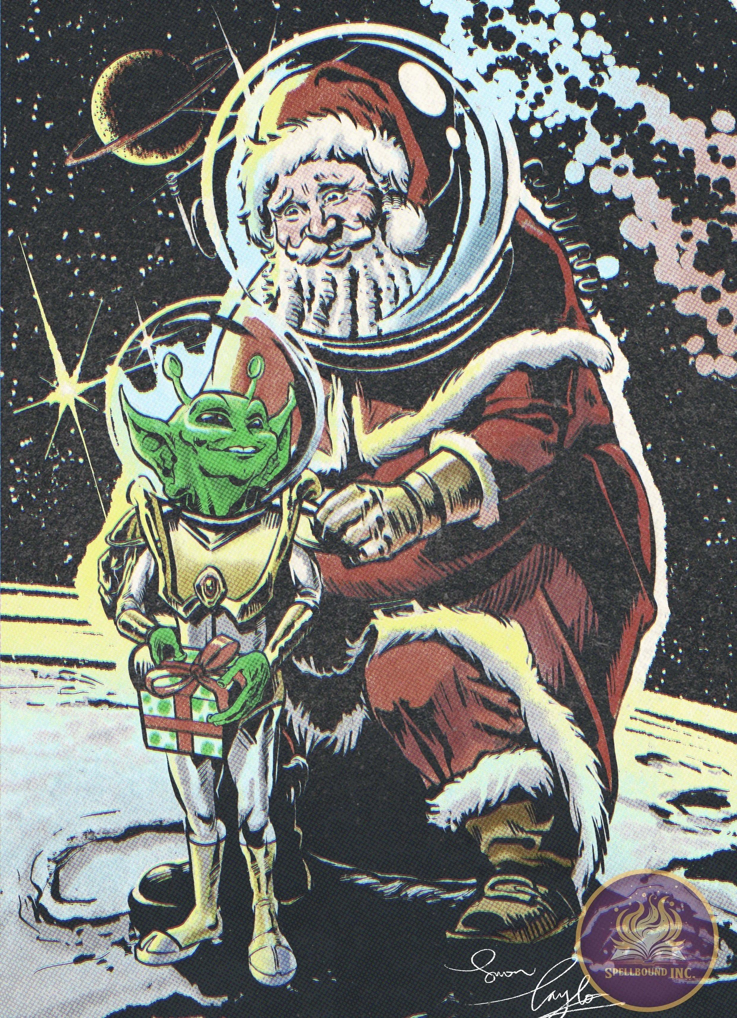 Santa Claus in space suit with an alien and a Christmas gift, standing on the moon with stars and planets in the background.