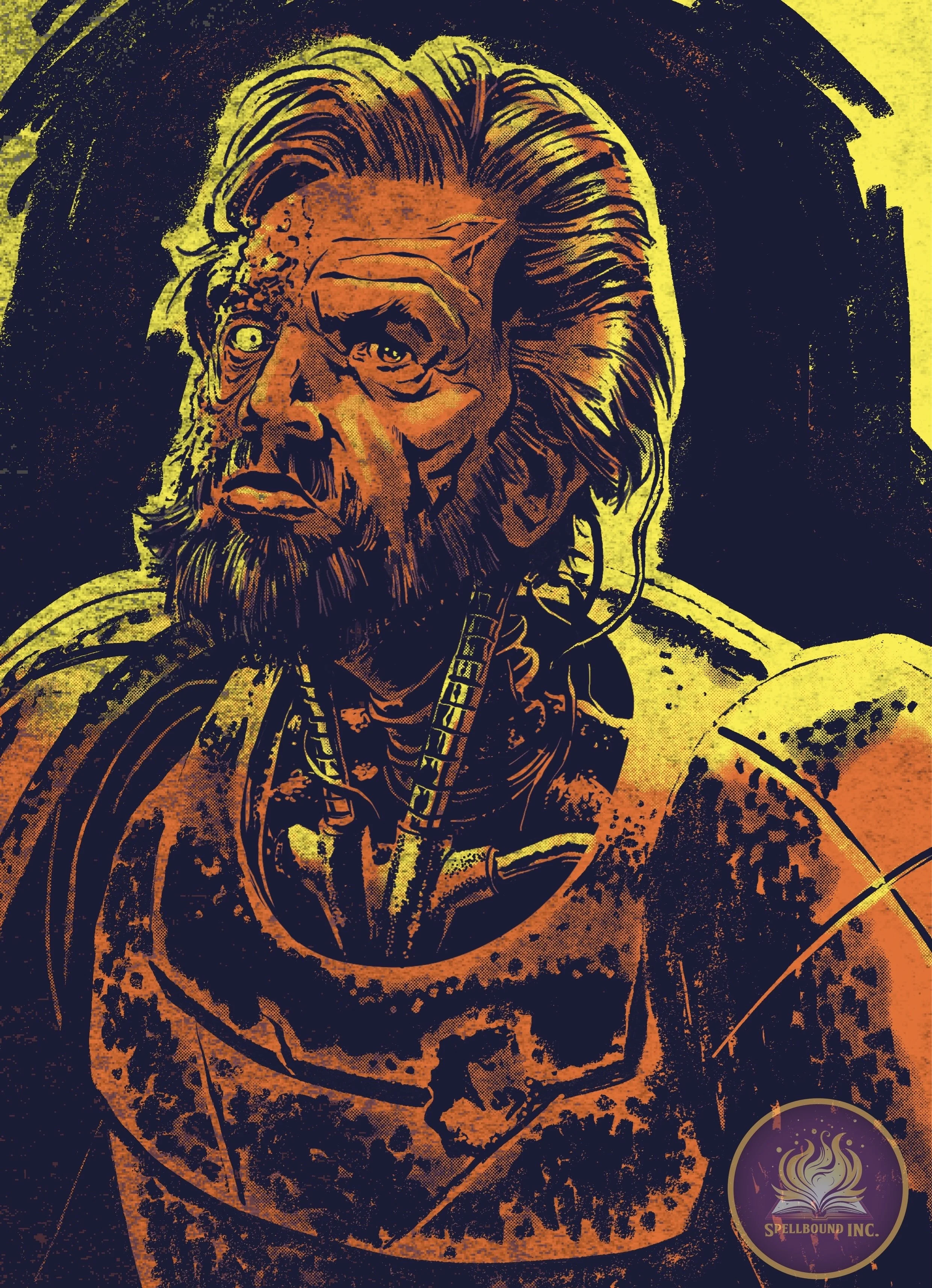 Stylized digital illustration of a character with a rugged face, long hair, beard, and wearing armor with a circular emblem. The illustration uses bold lines and contrasting colors like orange, yellow, and black, with a small logo that reads 'Spellbo