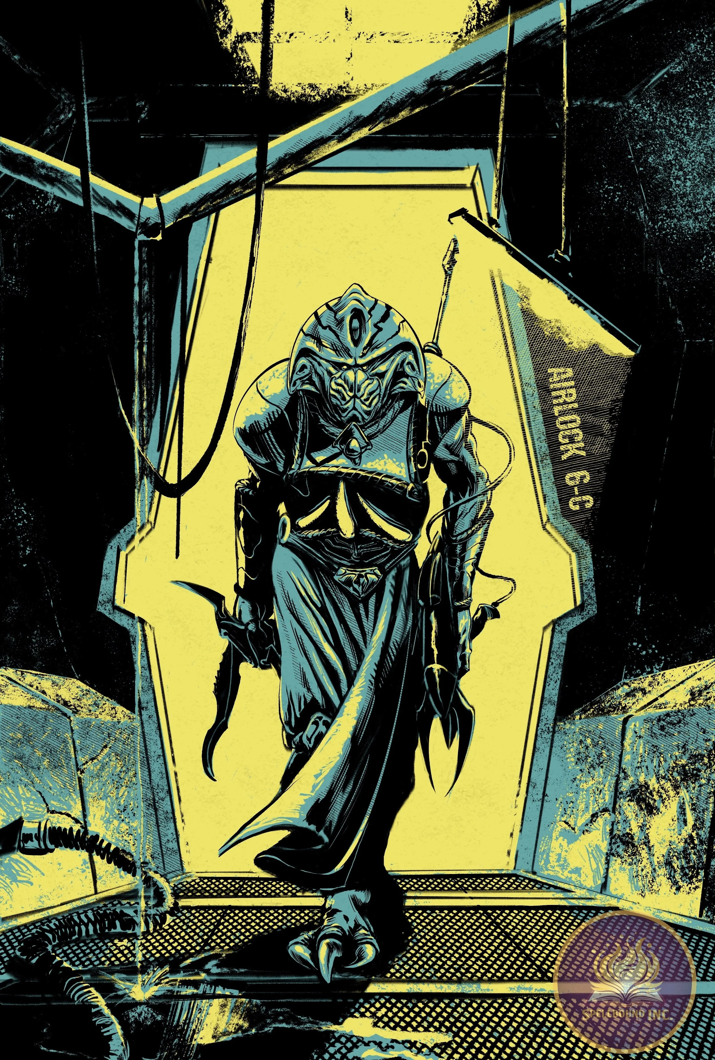 A detailed comic book-style illustration of a humanoid alien with insect-like features, walking towards the viewer in a dark, industrial environment. The alien has a tri-sectioned head, multiple limbs, and is wearing armor with a jagged, alien design