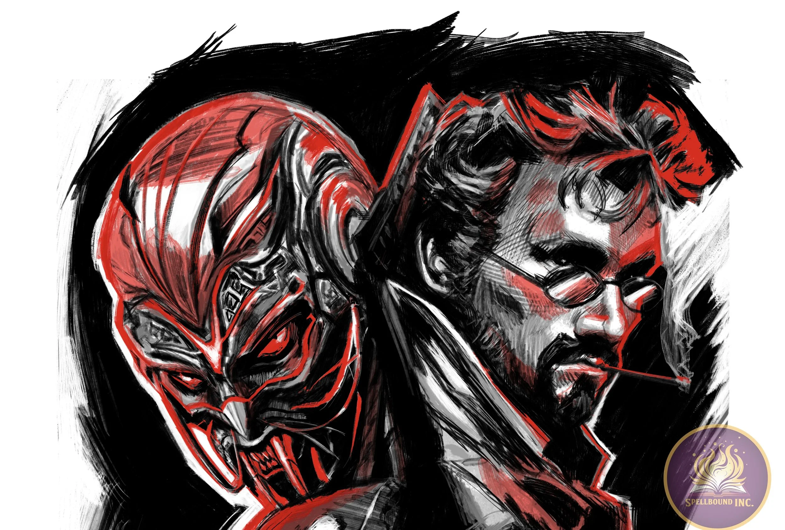 A digital sketch of two characters: a robotic, monster-like figure with red and black armor, and a human male with glasses, a beard, and a cigarette in his mouth, set against a dark background with red accents.