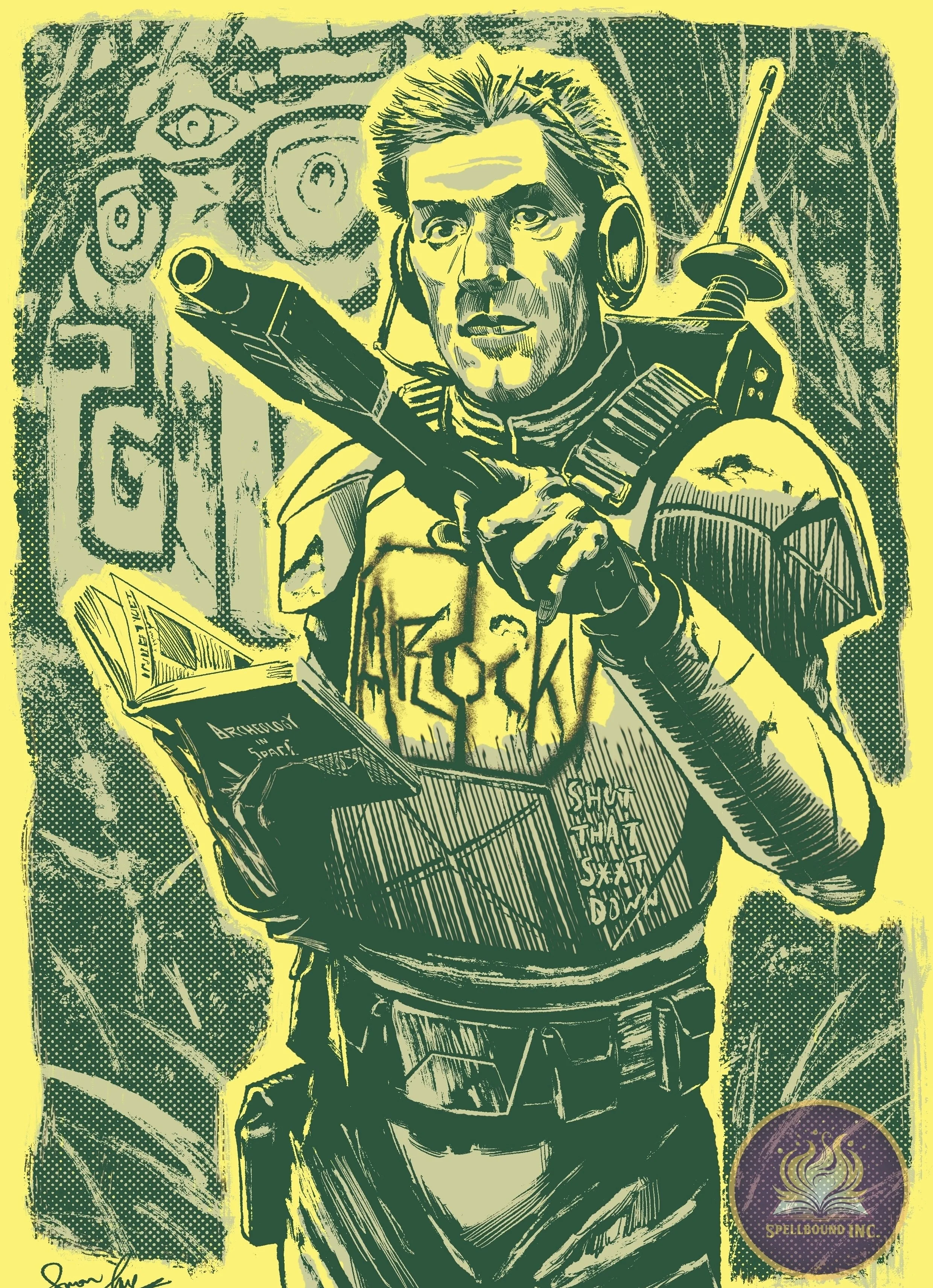 A stylized illustrated character resembling a science fiction soldier or explorer holding a gun and an open book titled 'Archaeology in Space.' The character wears a tactical outfit with a badge for 'Shut That S.T.A.T. Down.' The background features 