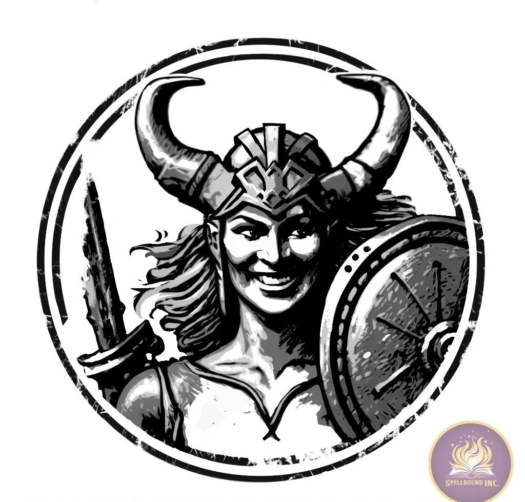 Black and white illustration of a Viking woman with horns on her helmet, holding a sword in one hand and a round shield in the other, smiling.