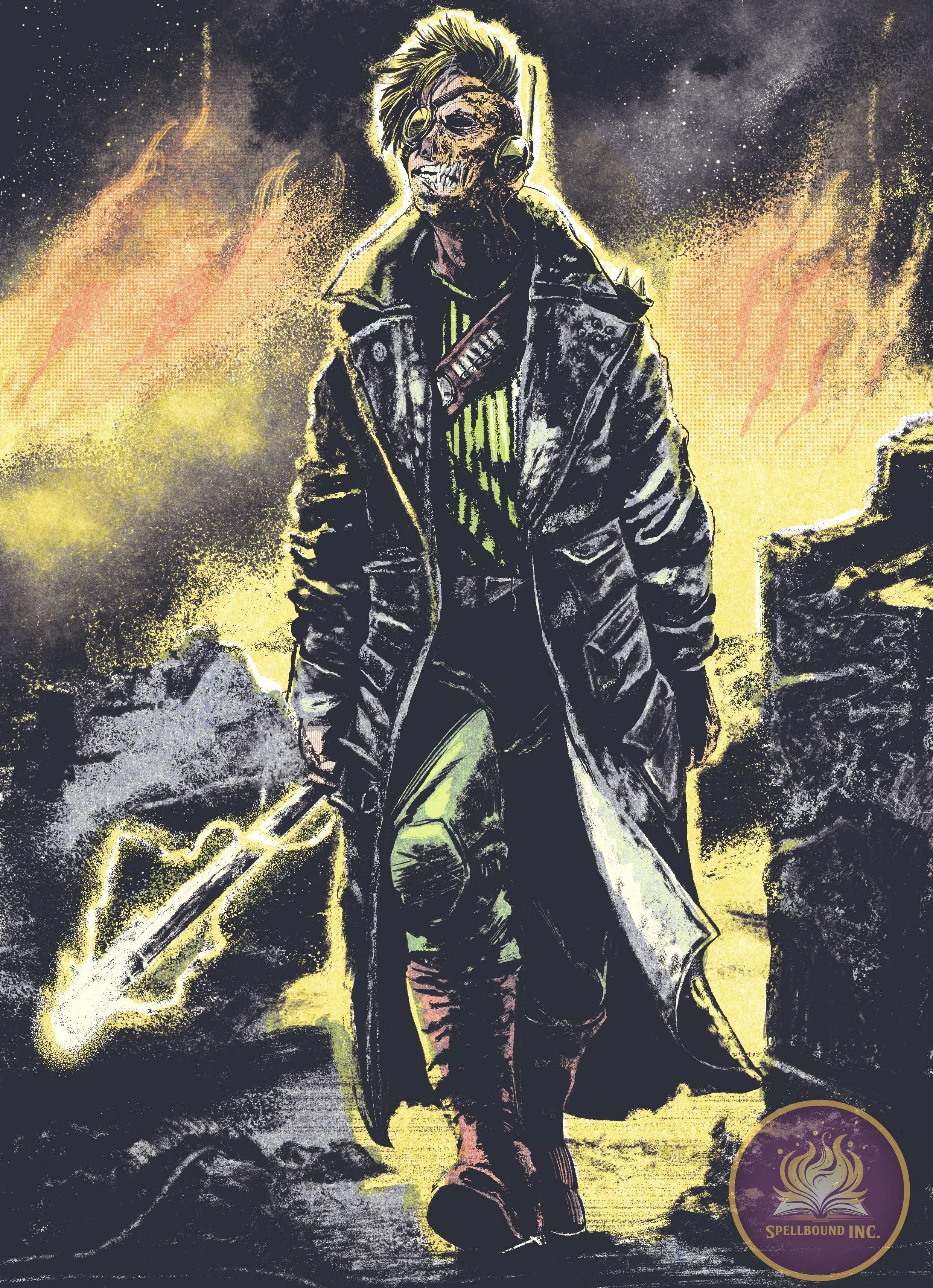 A futuristic character with sunglasses and face armor, dressed in a long coat, holding a weapon emitting lightning, standing amidst a fiery, smoky background with rocks and flames.