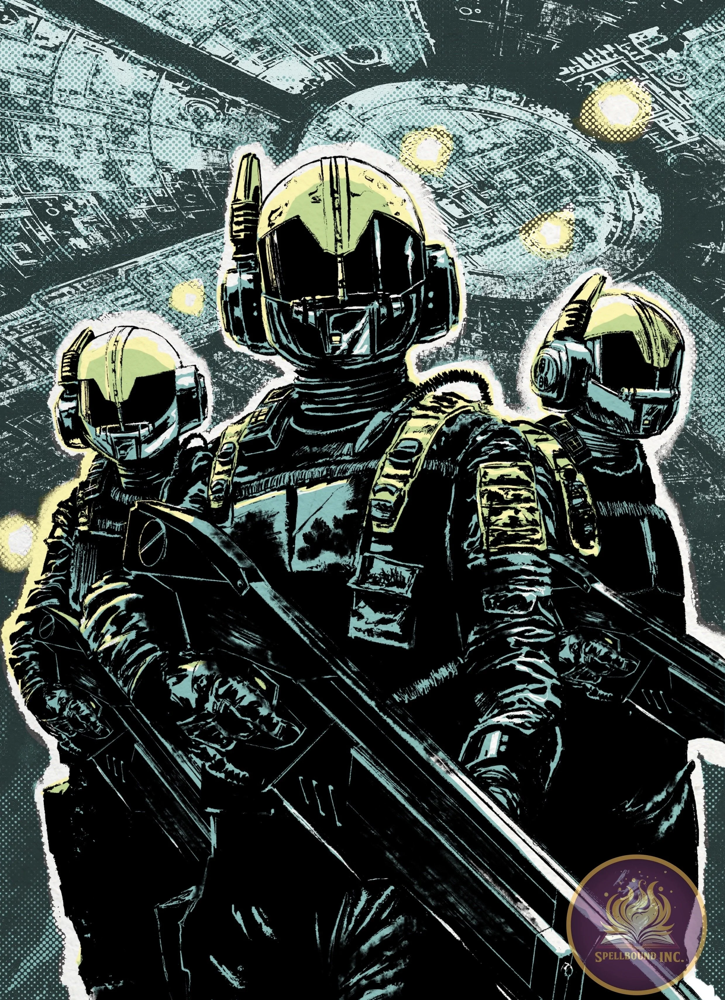 Comic-style illustration of three futuristic soldiers in black armor with yellow helmets, holding a large weapon, in front of a spaceship interior.