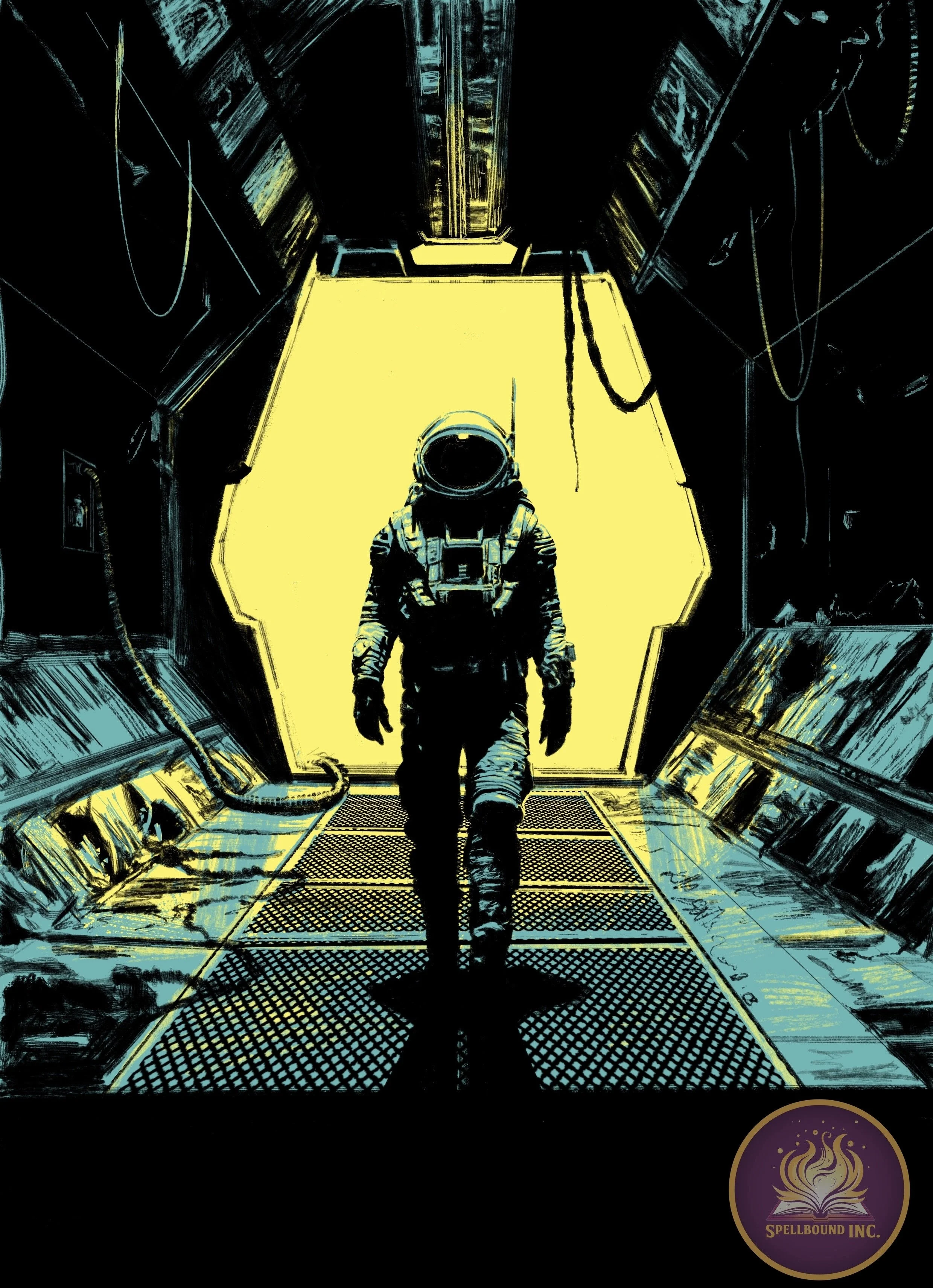 A digital illustration of an astronaut walking through a spaceship corridor towards a yellow-lit doorway, with dark walls and cables hanging from the ceiling.