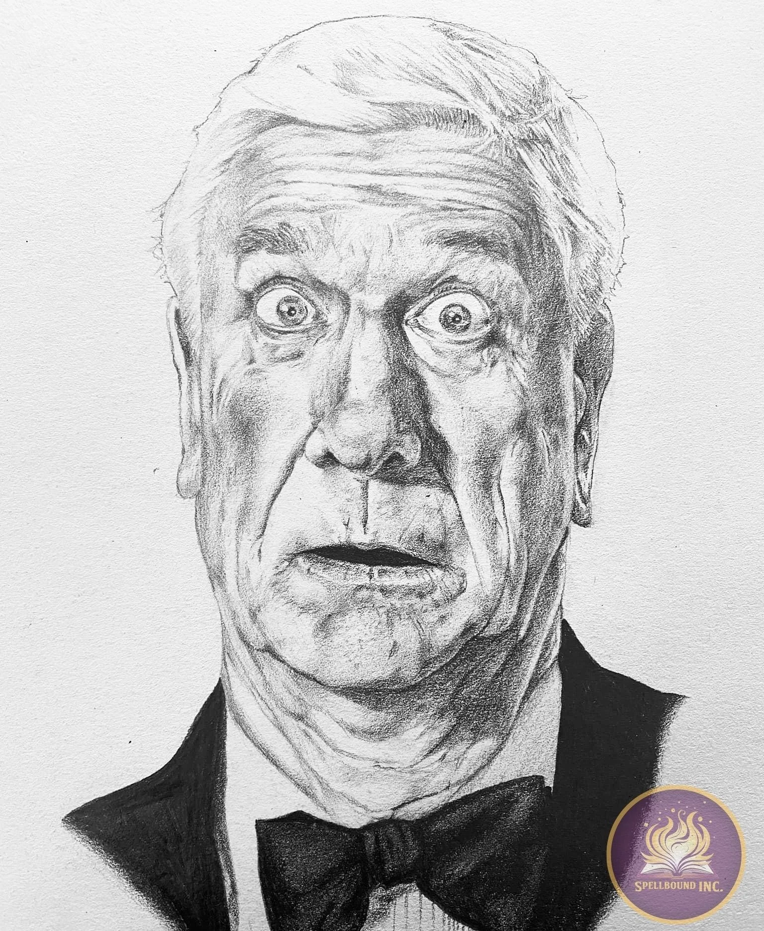 A detailed pencil sketch of an older man with a surprised or shocked expression, wearing a tuxedo with a bow tie, against a plain background, featuring the logo of Spellbound Inc. in the bottom right corner.