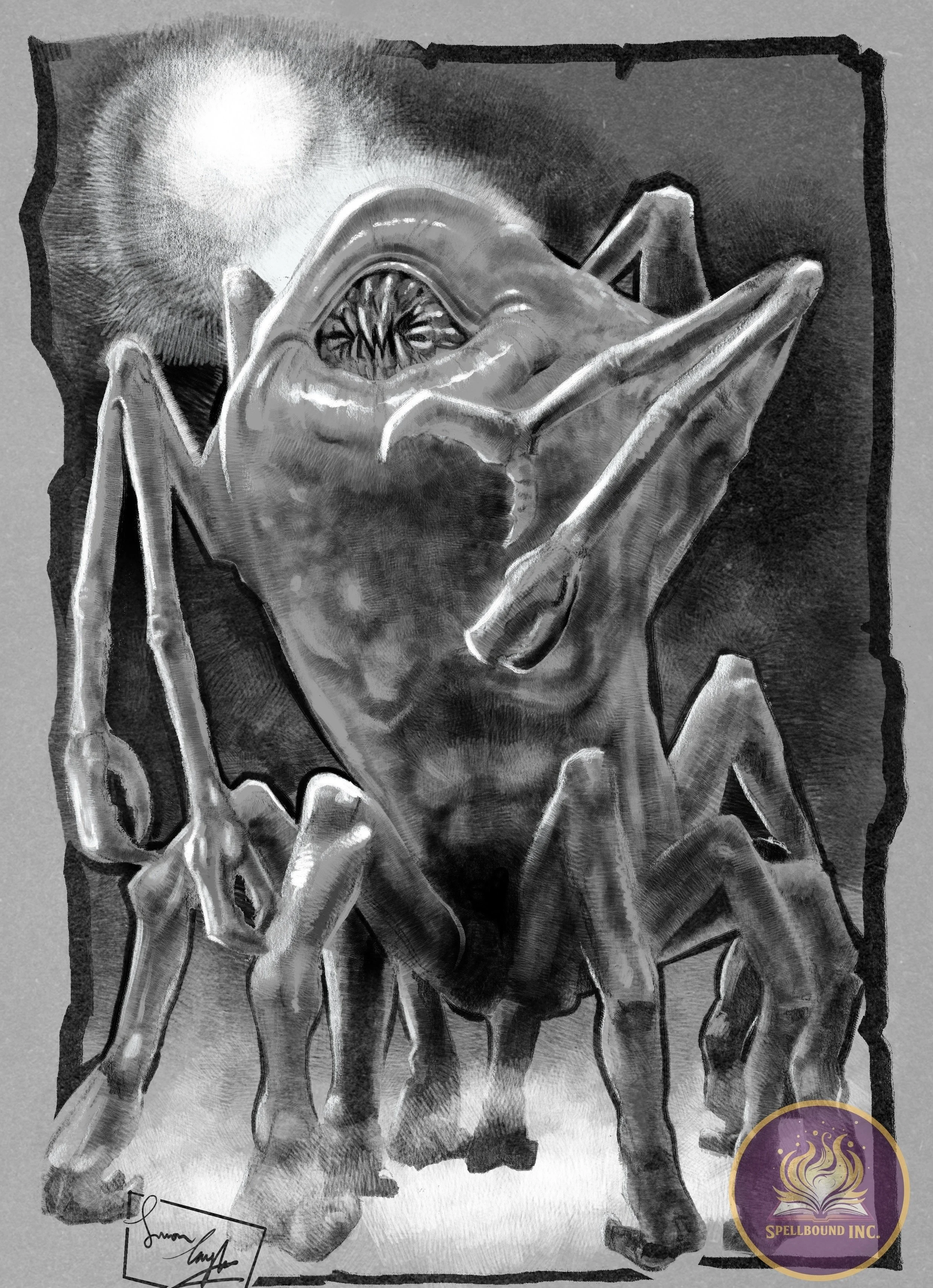 Black and white drawing of a monstrous spider with a large eye on its face, sitting against a dark background with a bright moon or light source in the top left corner. The spider has long, thin legs and a detailed body showing texture and shading. T