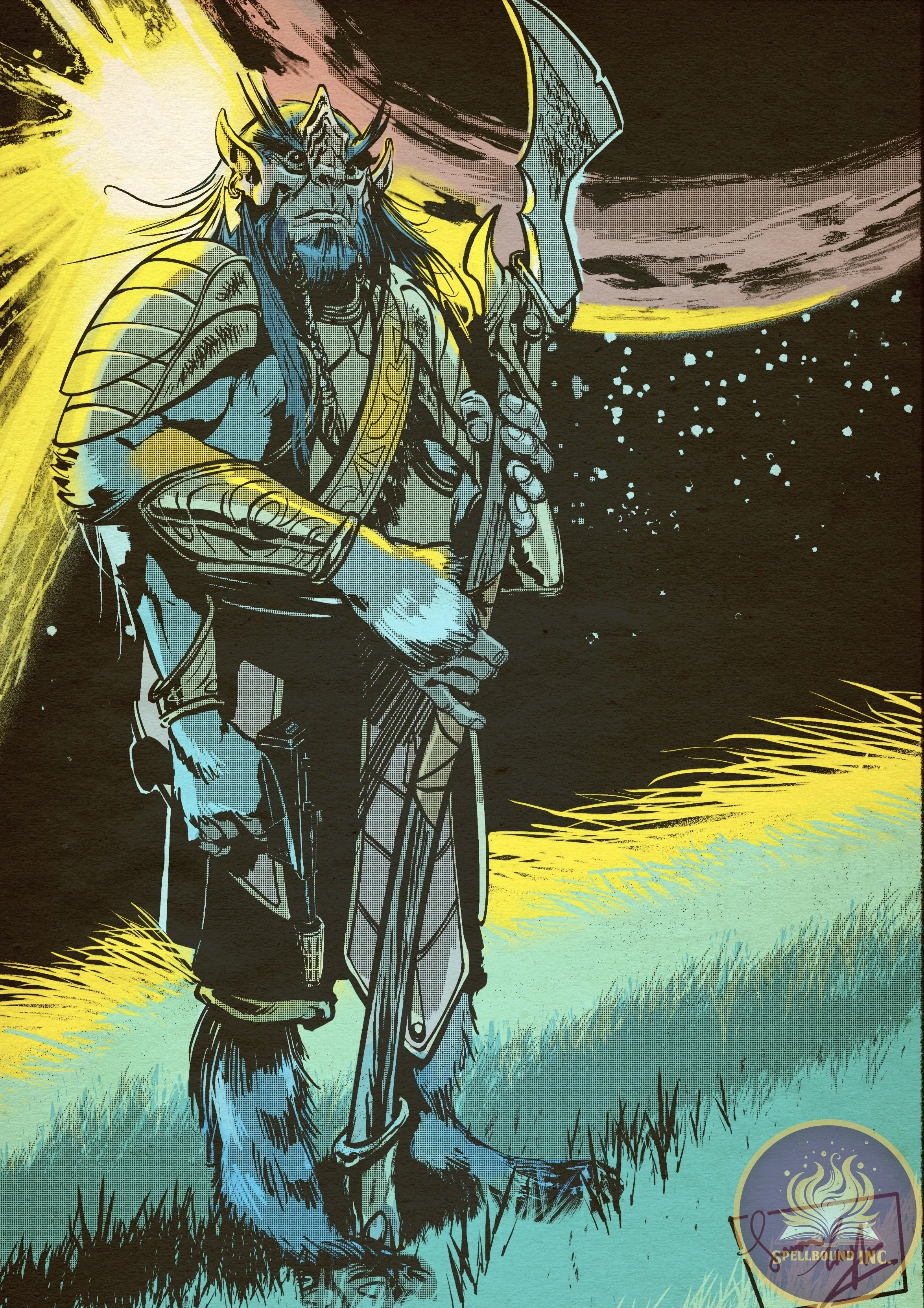 A fantastical illustration of a blue-skinned, horned beast warrior wearing armor and holding a large sword, standing outdoors in front of a cosmic background with stars and a planet, with a logo in the bottom right corner.