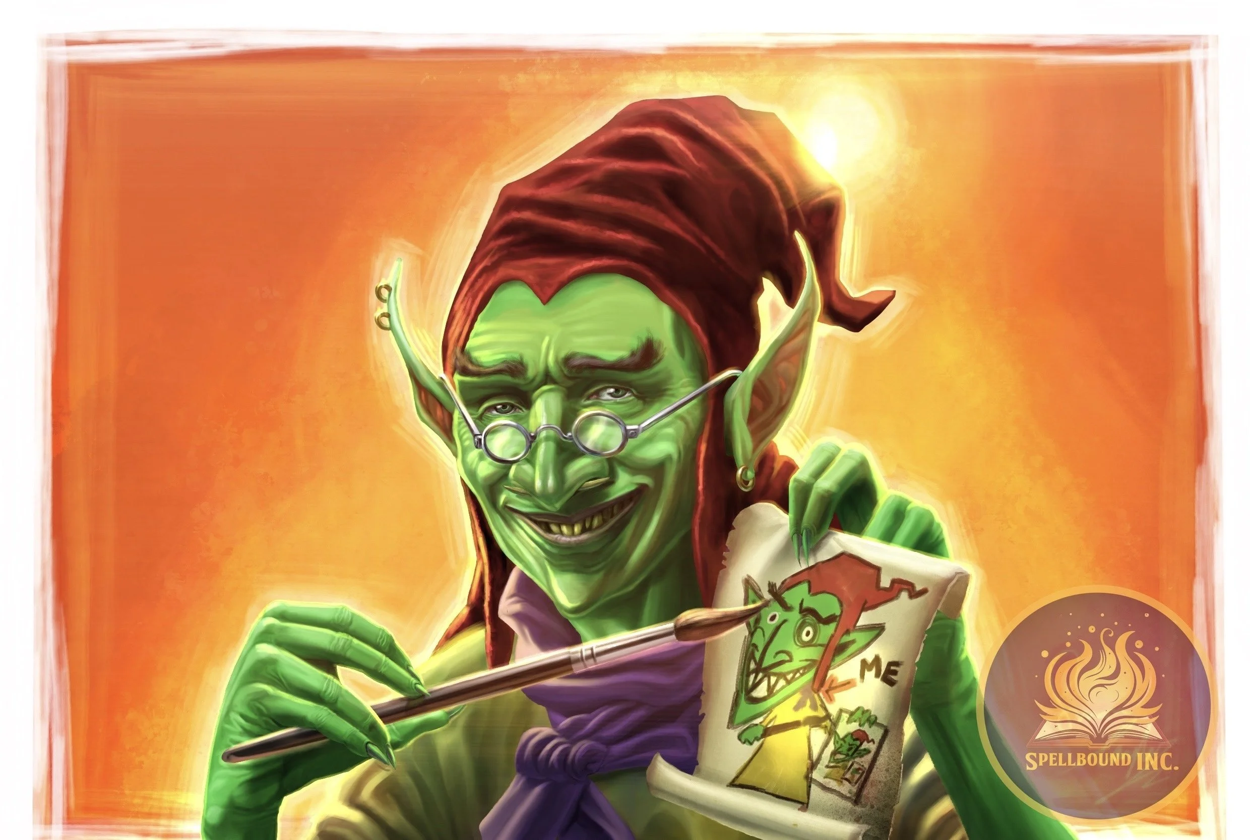 A green-skinned, mischievous-looking elf wearing glasses and a red hat, holding a paintbrush and a partially colored drawing of a goblin. The background is orange and yellow, with a logo of an open book with flames and the words 'Spellbound Inc.' in 