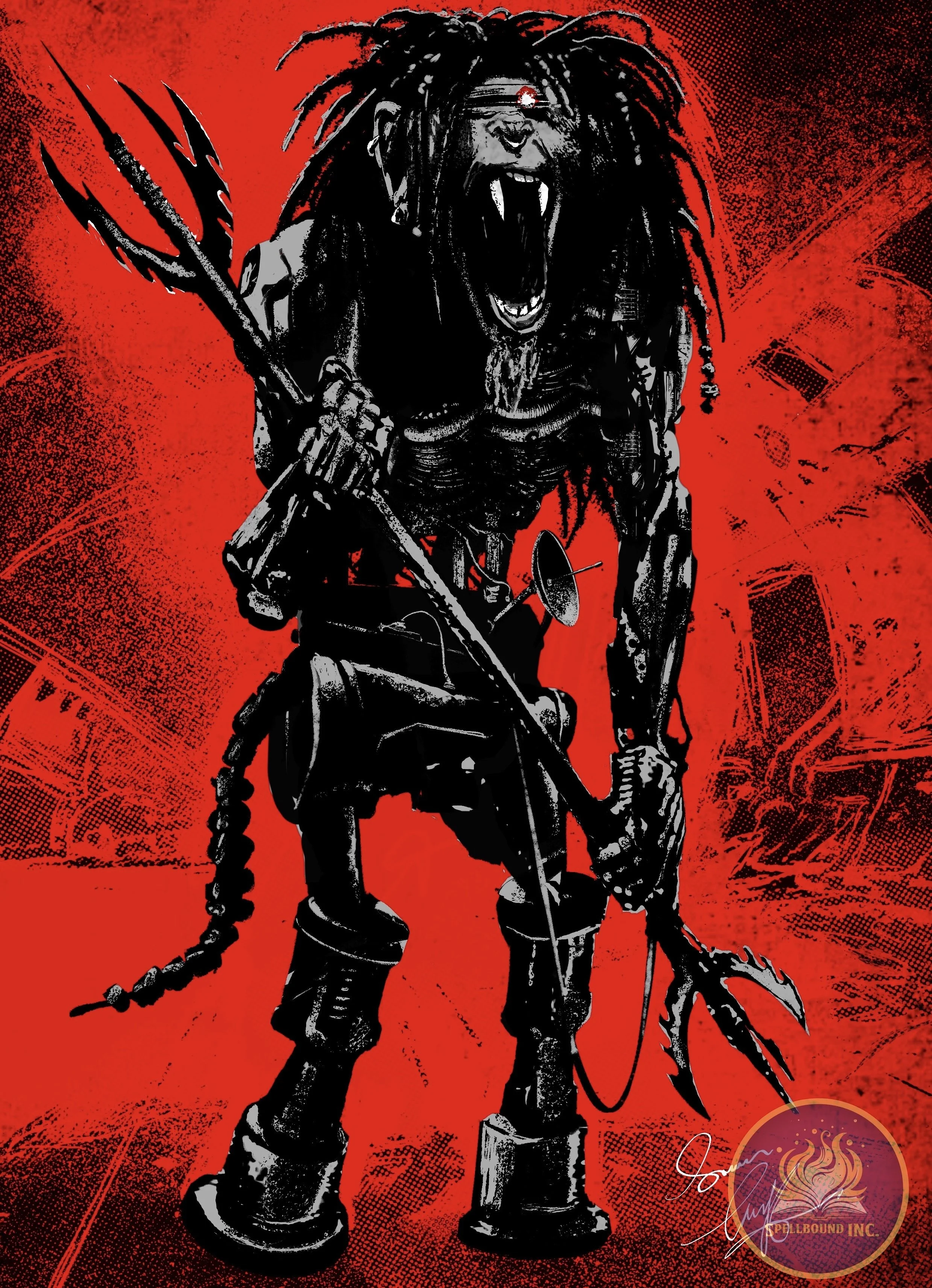 A black and white illustration of a humanoid creature with lion-like features, dreadlocks, and sharp claws, holding a trident, standing on a red background with abstract patterns.