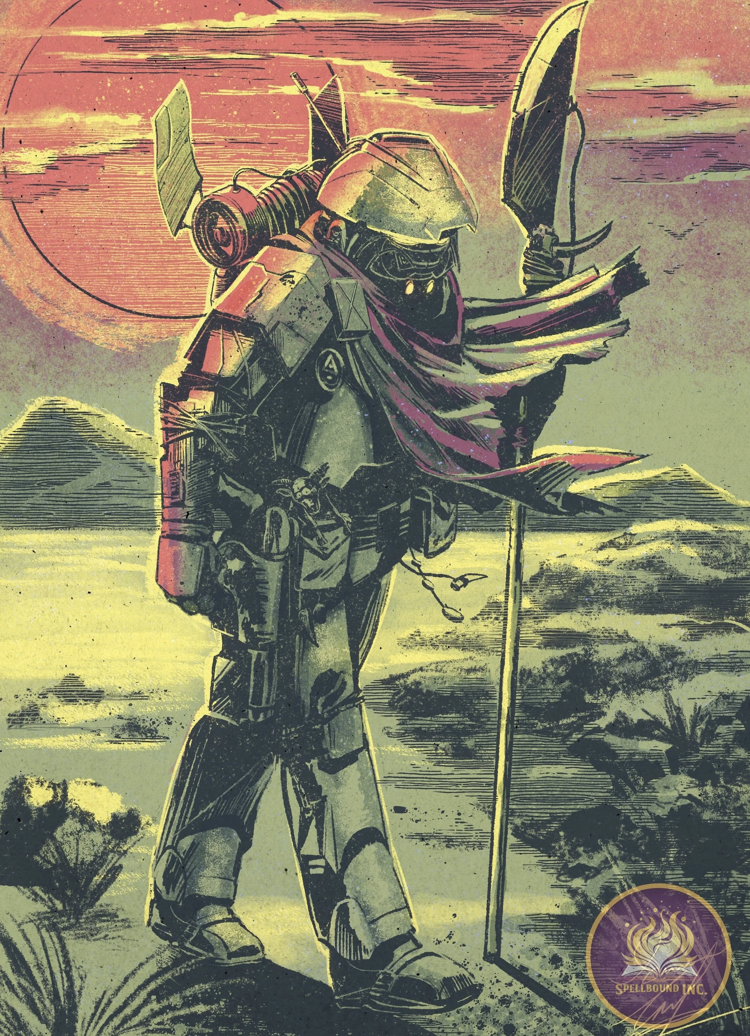 A robot wearing a helmet, armor, and a cape, holding a spear in an arid landscape with mountains and a sun in the background, in a stylized, comic book art style.