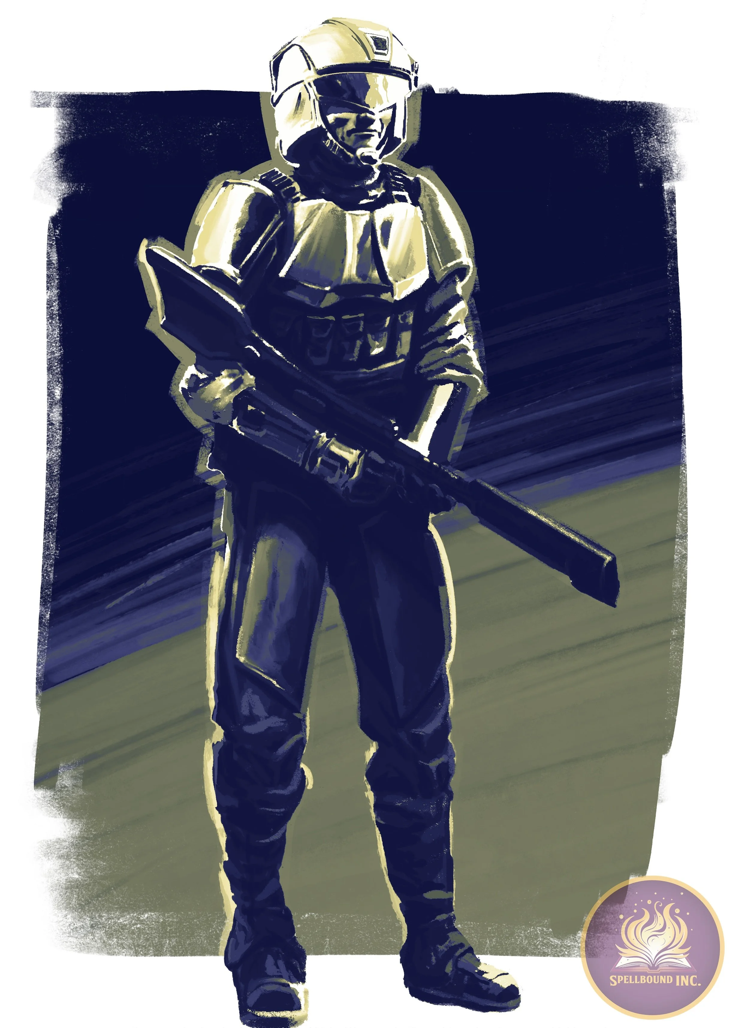 Digital artwork of a person dressed in a sci-fi combat suit, holding a rifle, with a dark blue background and a greenish ground, and a logo for Spellbound Inc. in the bottom right corner.