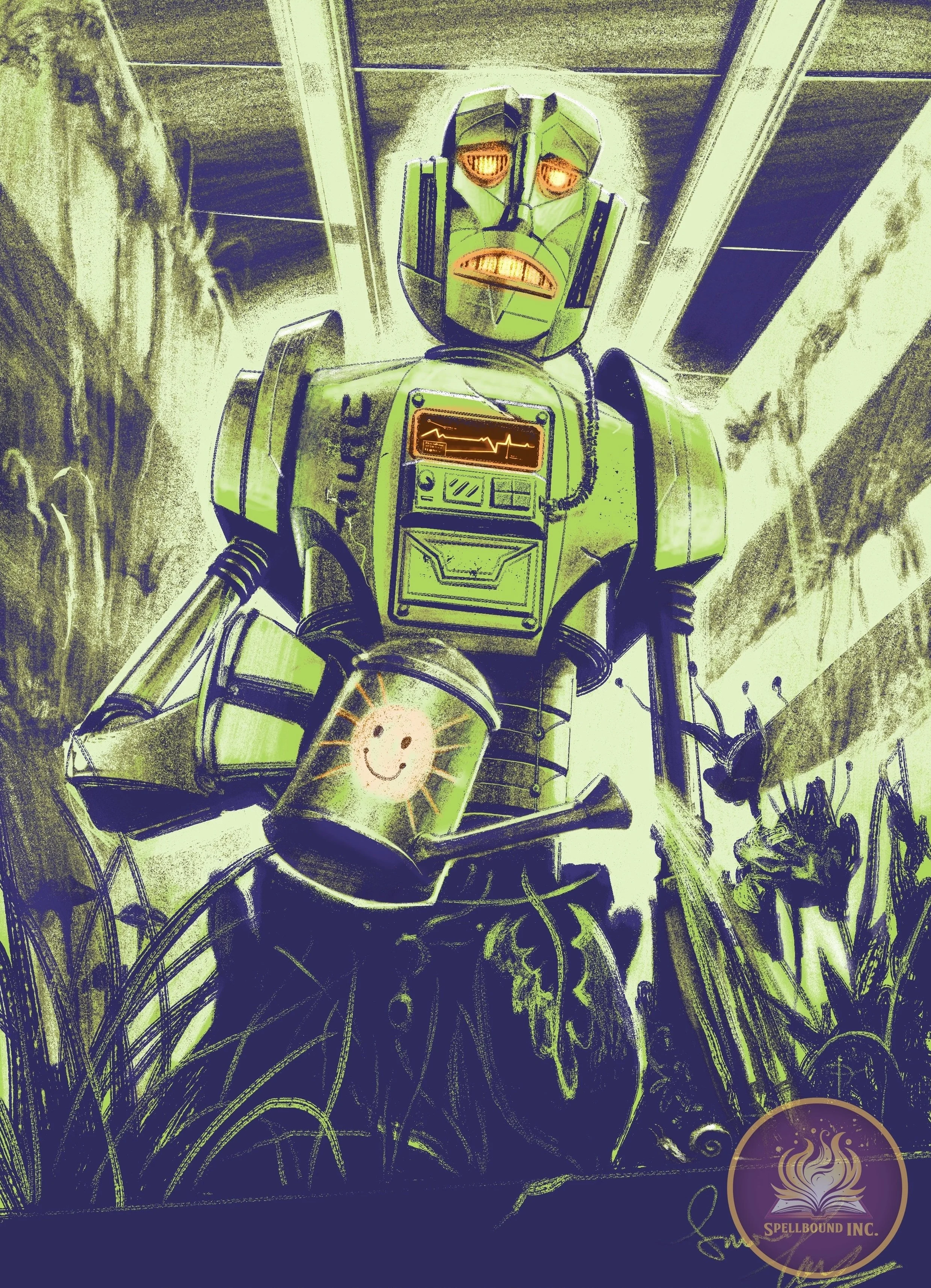 Drawing of a robot with a green metallic body, orange eyes, and a smiley face on a small container, holding a golf club, amidst plants, with a futuristic environment in the background.