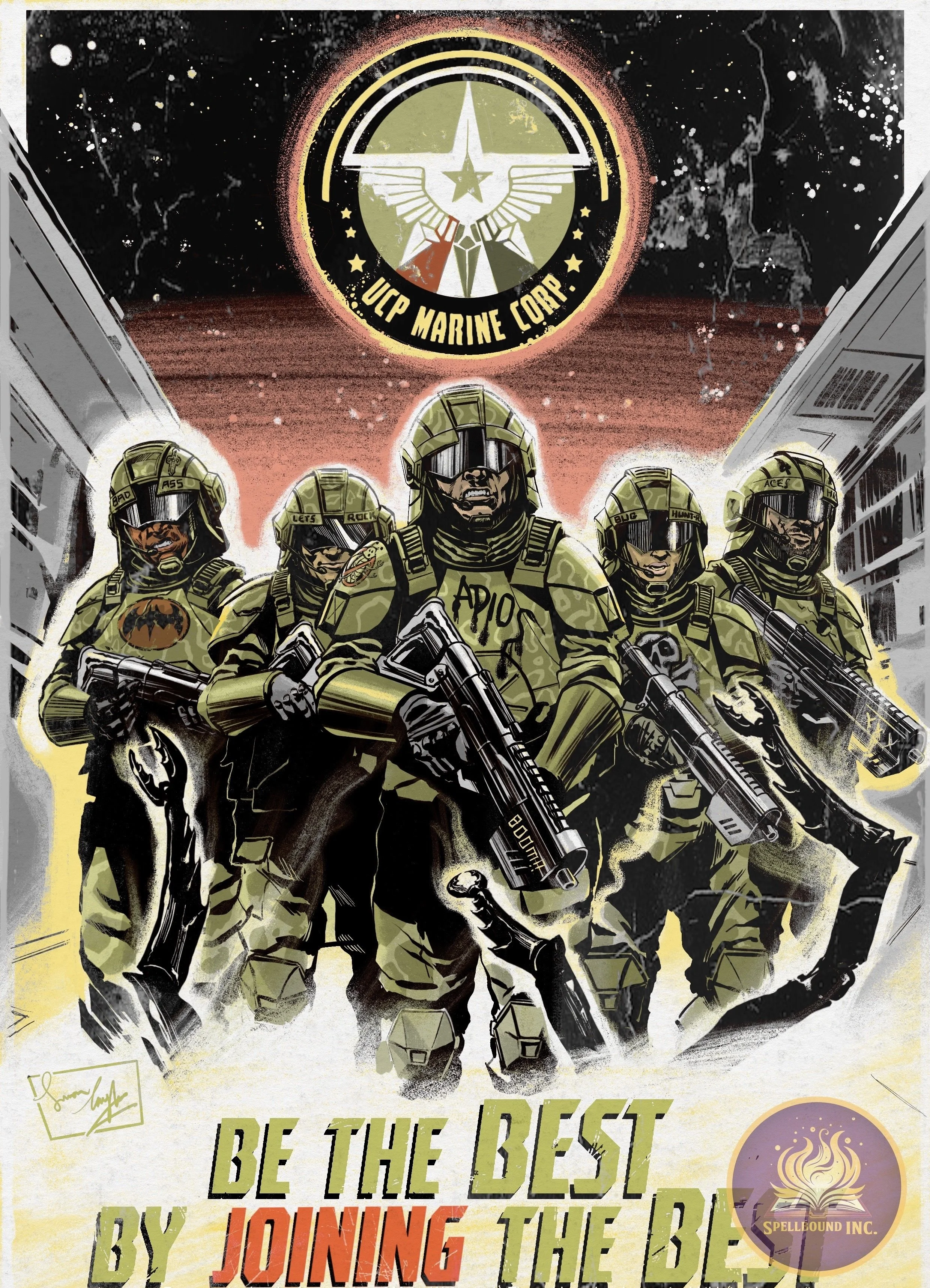 Illustration of five heavily armed soldiers in green tactical gear and helmets, marching in formation over a city street at night, with a large emblem above them that reads 'UCP Marine Corp' featuring a winged star and shield. The soldiers have vario