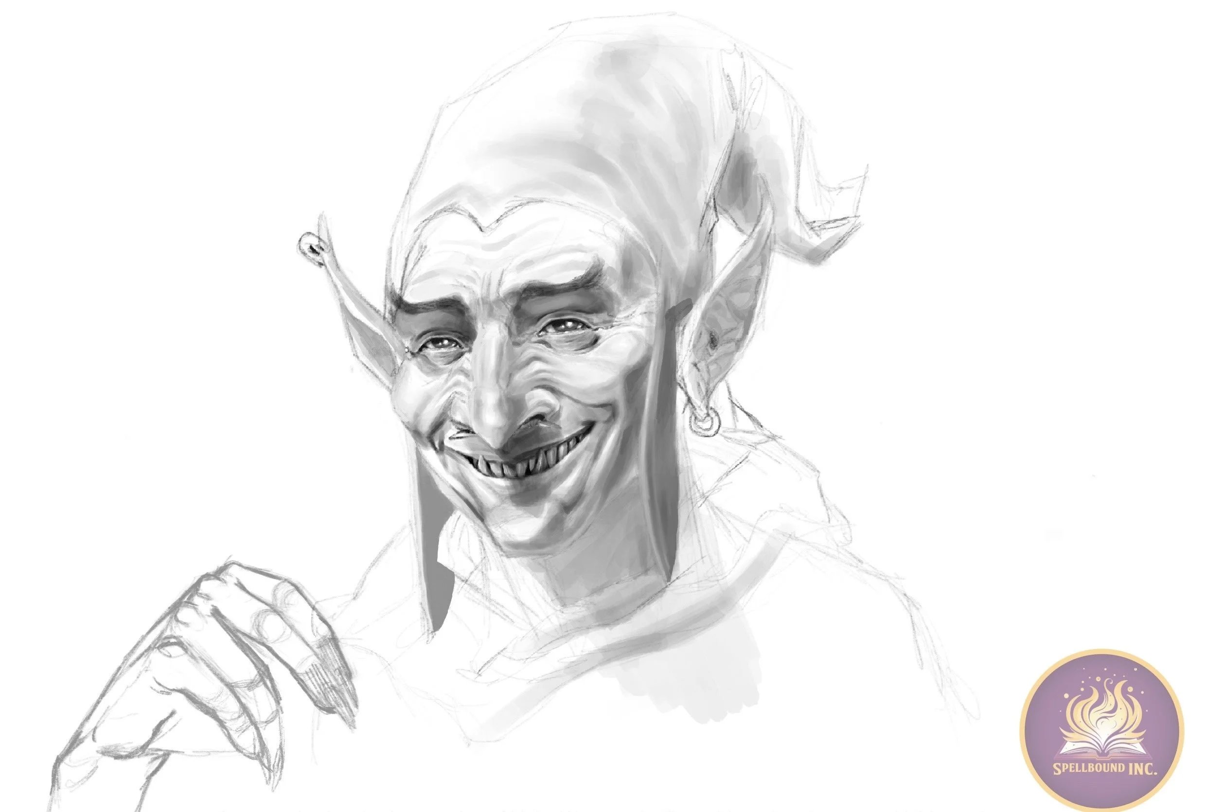 Black and white sketch of a smiling goblin with pointy ears, wrinkles, and a mischievous expression, holding a hand near their chin. The sketch is detailed around the face with minimal background. In the bottom right corner, there is a circular logo 