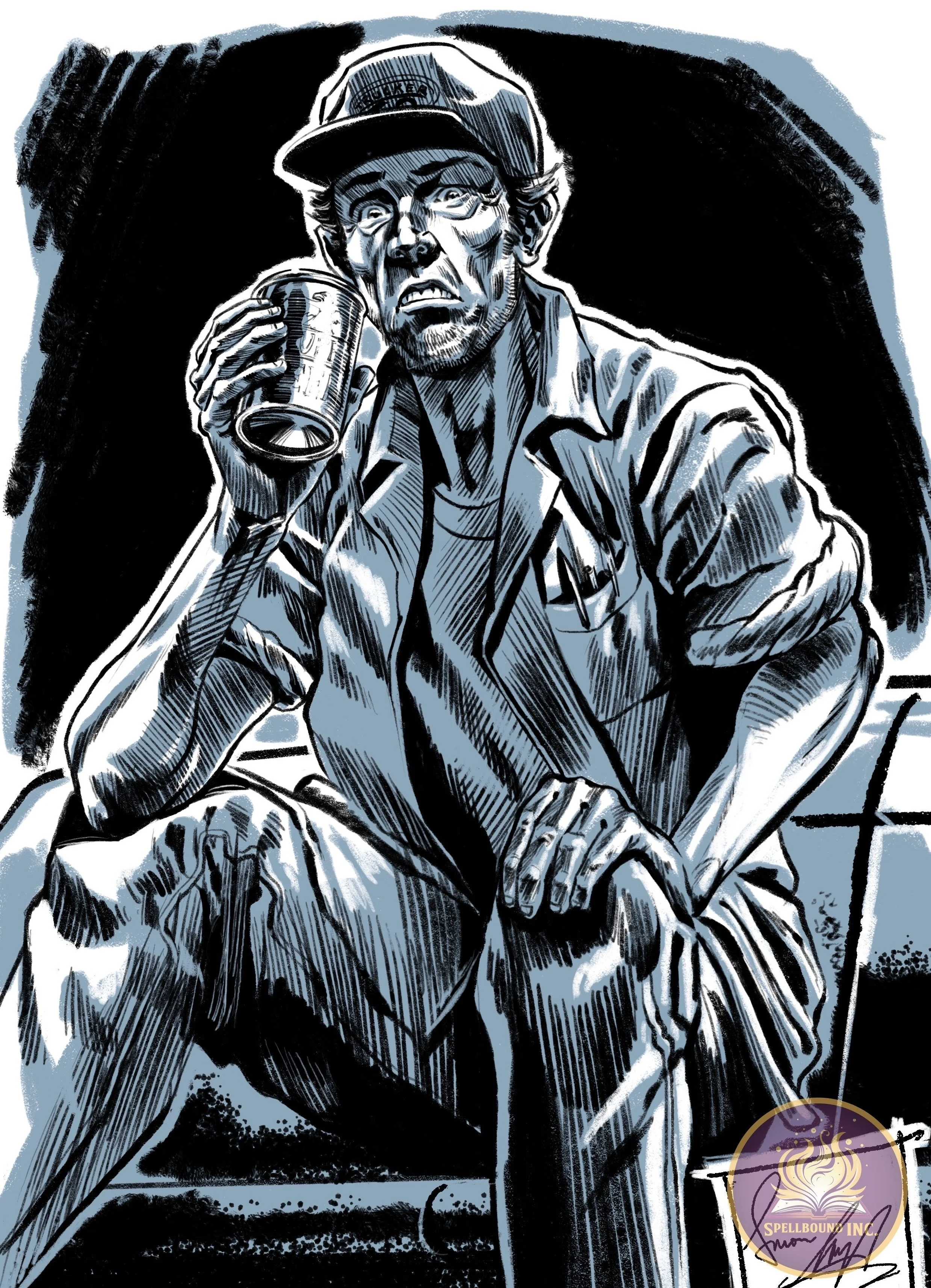 A black and white illustrated engineer in a dark and gritty sci-fi setting, sitting and drinking from a beer can, with a distressed expression on his face.