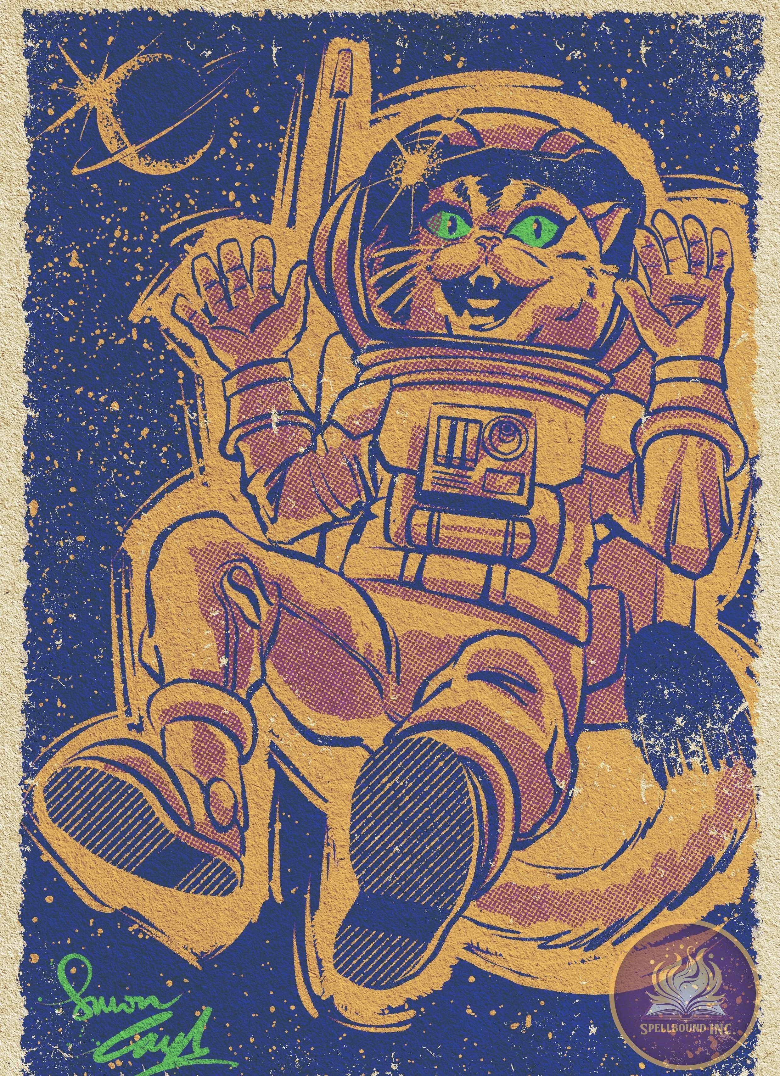 An illustration of a cat in a space suit floating in space with planets and stars in the background.