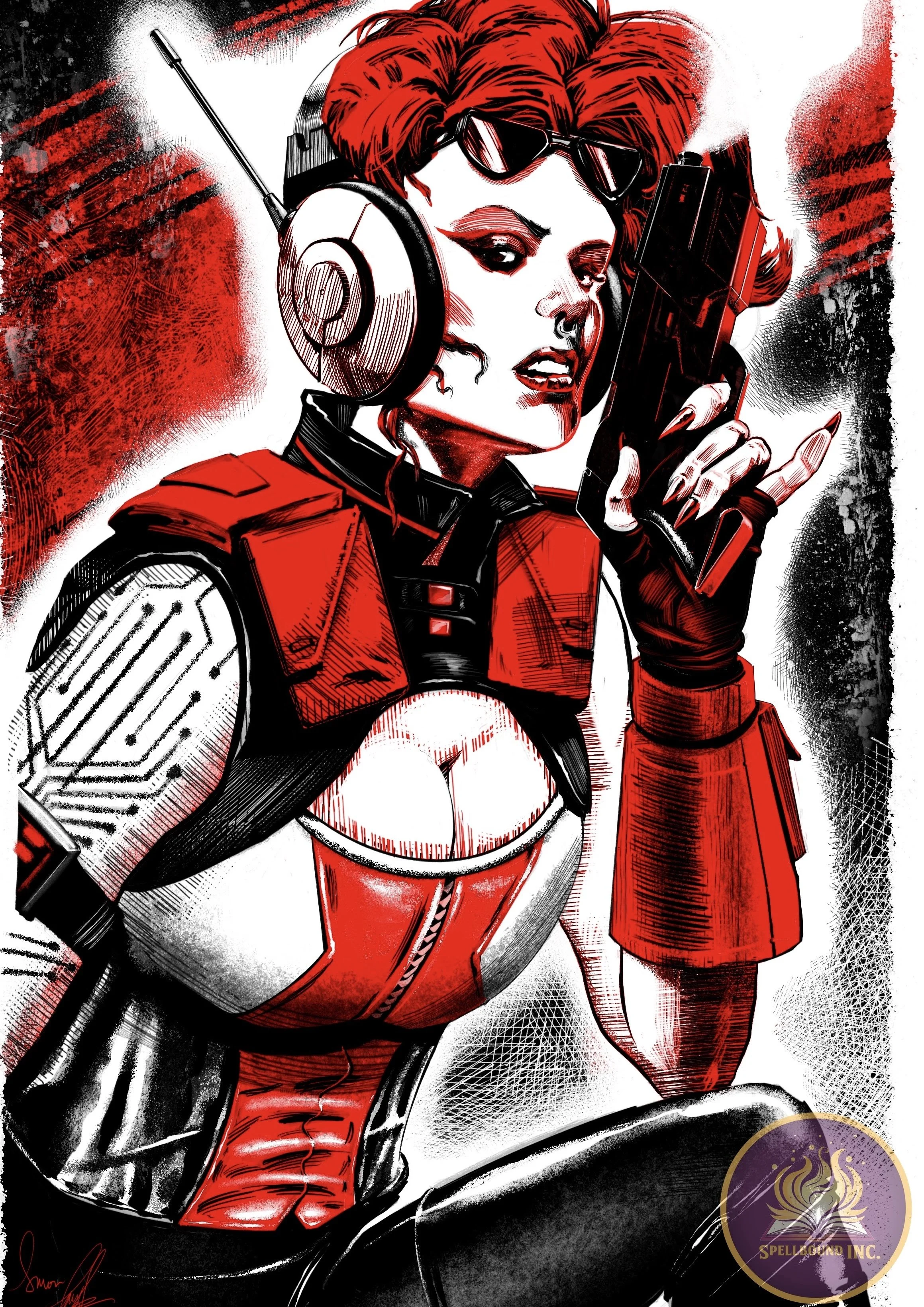 Digital illustration of a woman with red hair wearing sunglasses on her head, in a black and red futuristic outfit, holding a gun near her face.