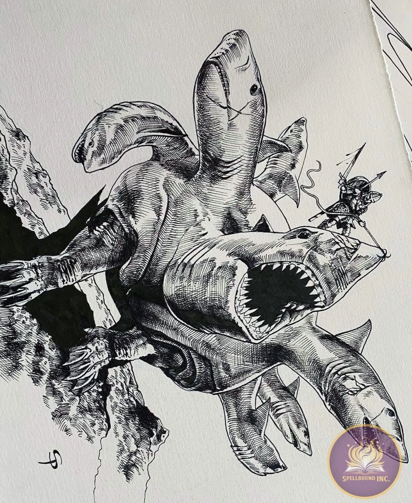 A detailed black and white drawing of a fantastical creature with a dinosaur-like head, a mushroom-shaped body, and a human with a spear riding on its back. The creature is on a rocky terrain with mountains in the background, and a logo reading 'Spel