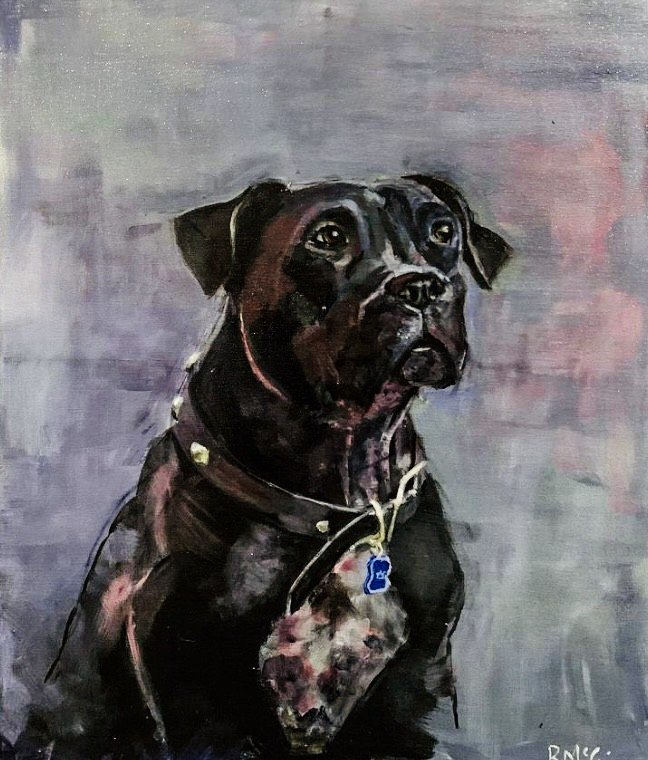 Painting of a black dog with expressive eyes, wearing a collar with a blue tag, set against a muted  abstract background.