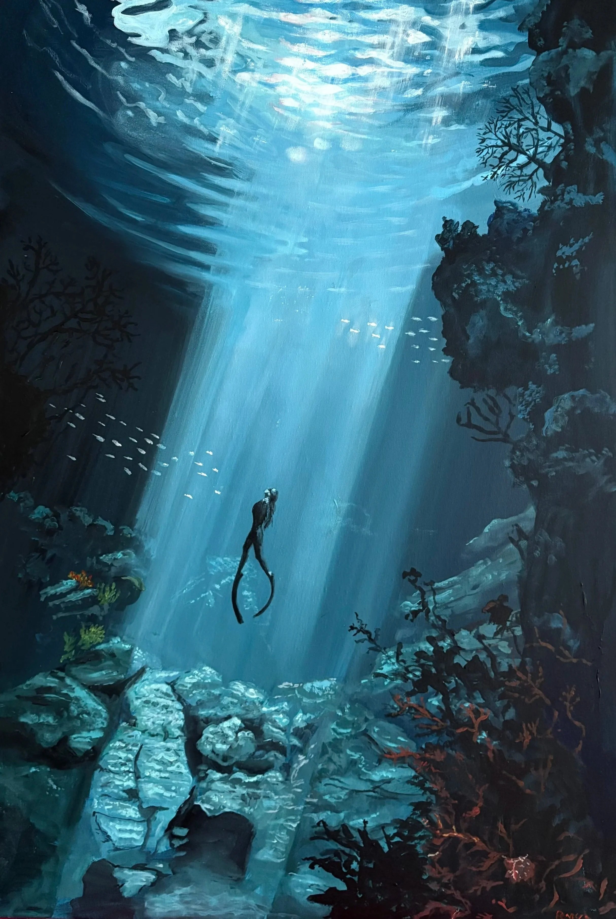 A female free diver explores a vibrant underwater scene with sunlight filtering through the water, coral reefs, rocks, and aquatic plants, surrounded by schools of small fish.