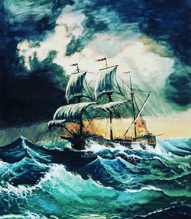 A painting of a sailing ship navigating rough ocean waves under a stormy sky with dark clouds and some sunlight.