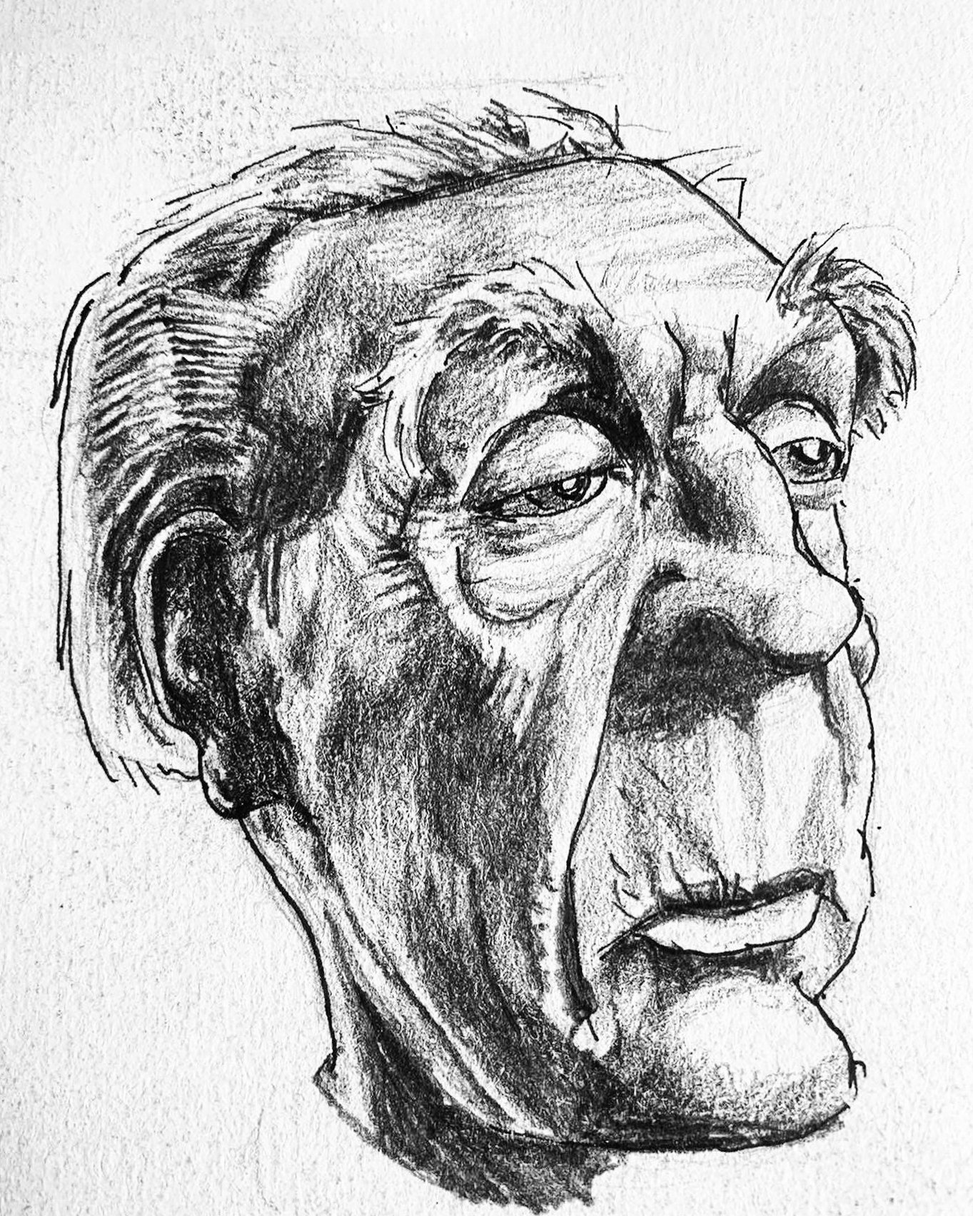 Black and white sketch of an elderly man's face with expressive lines and detailed shading.