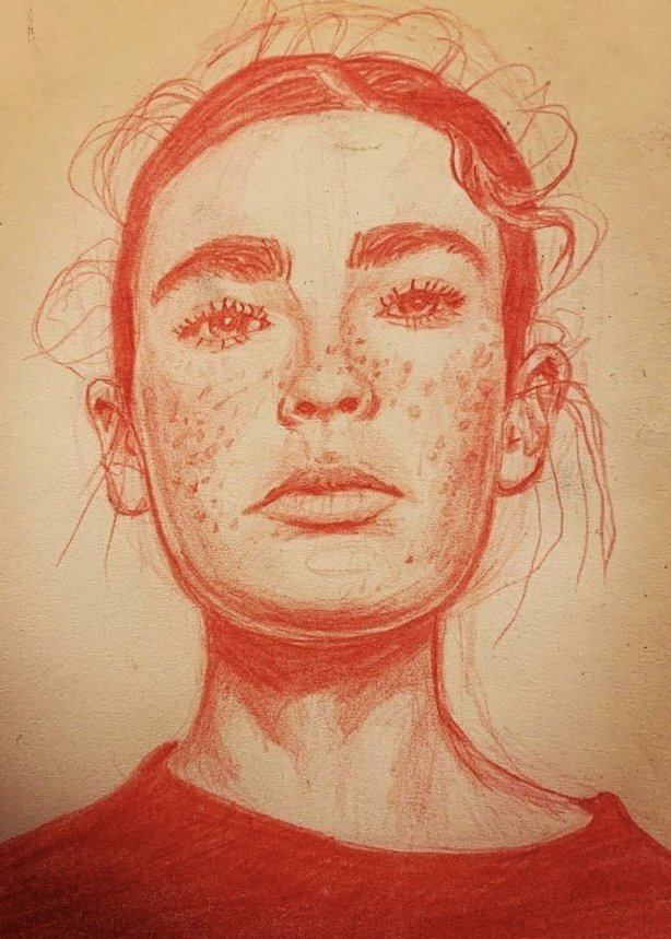 A red pencil sketch of a woman with freckles, with her hair tied back, wearing a dark top.