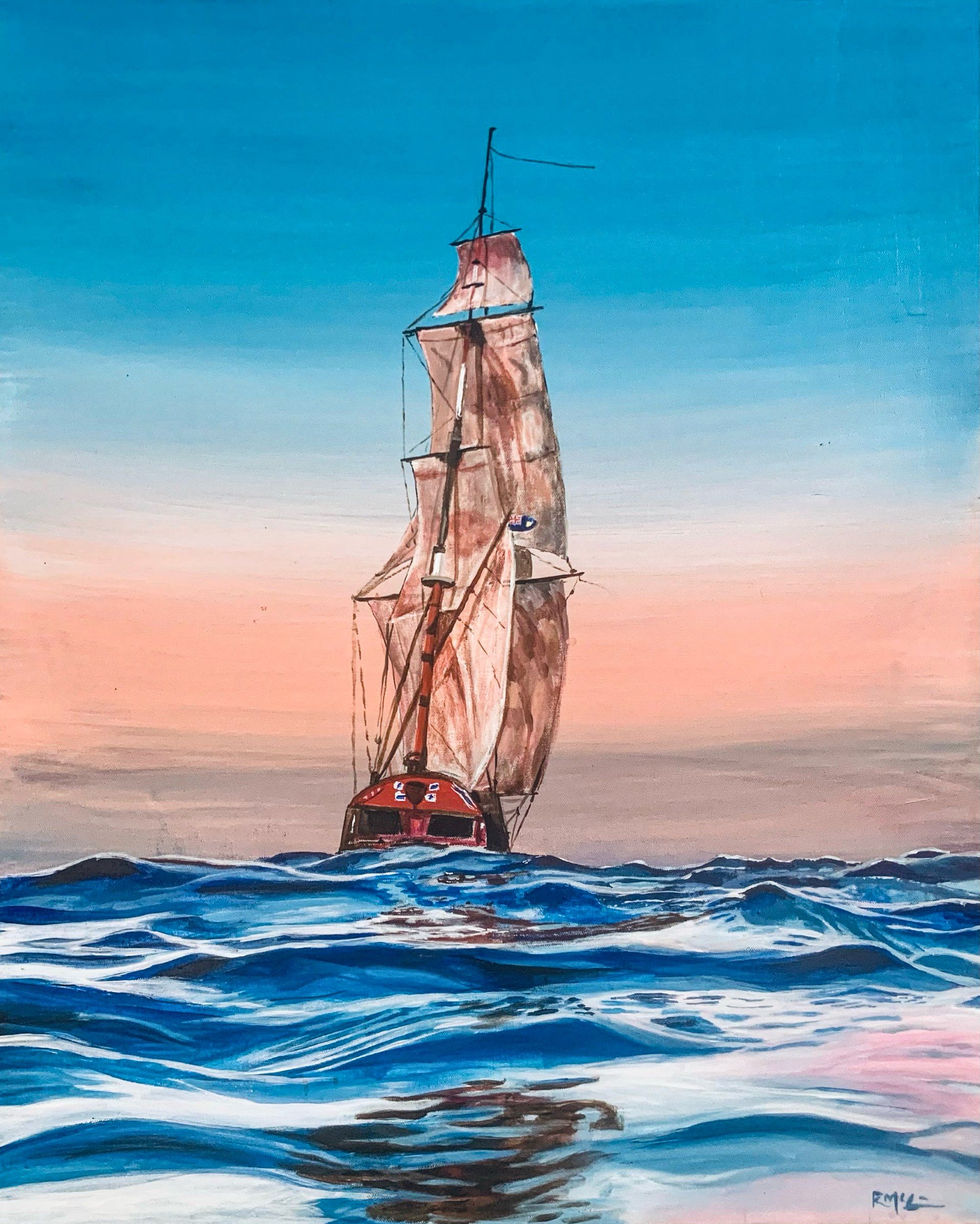 A painting of a vintage sailing ship with large sails on the ocean during sunset, with waves in the foreground and a gradient sky transitioning from pink to blue.