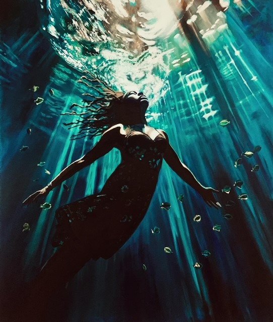 Artist's depiction of a woman swimming underwater surrounded by sunlight rays and small fish.